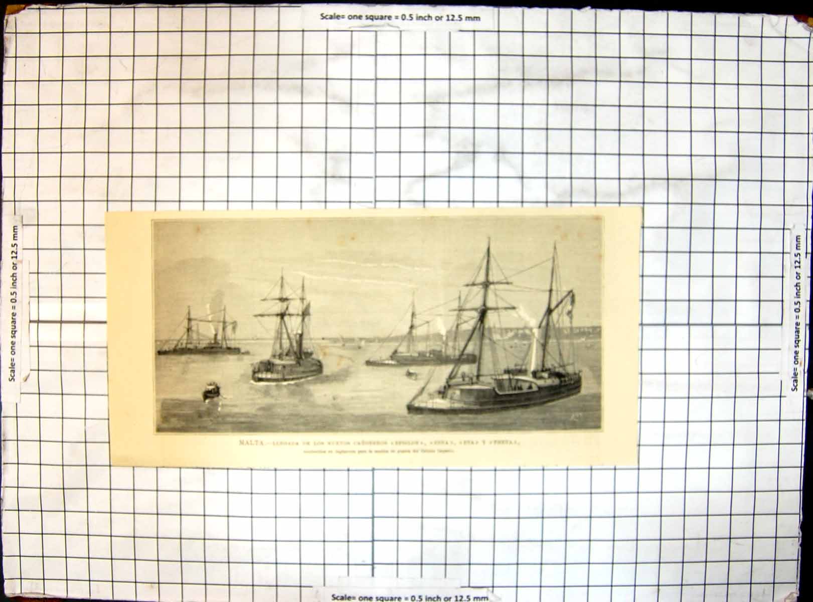 Original Old Antique Print Malta Fleet New Ships Epsilon Zeta Eta Theta Bay
