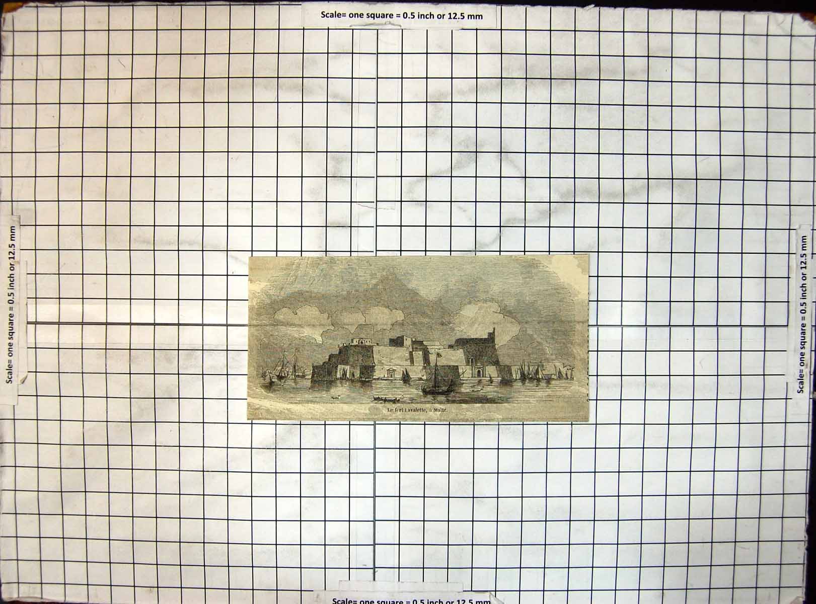 Original Old Antique Print Fort Lavalette Malta Ships Mountains Fort