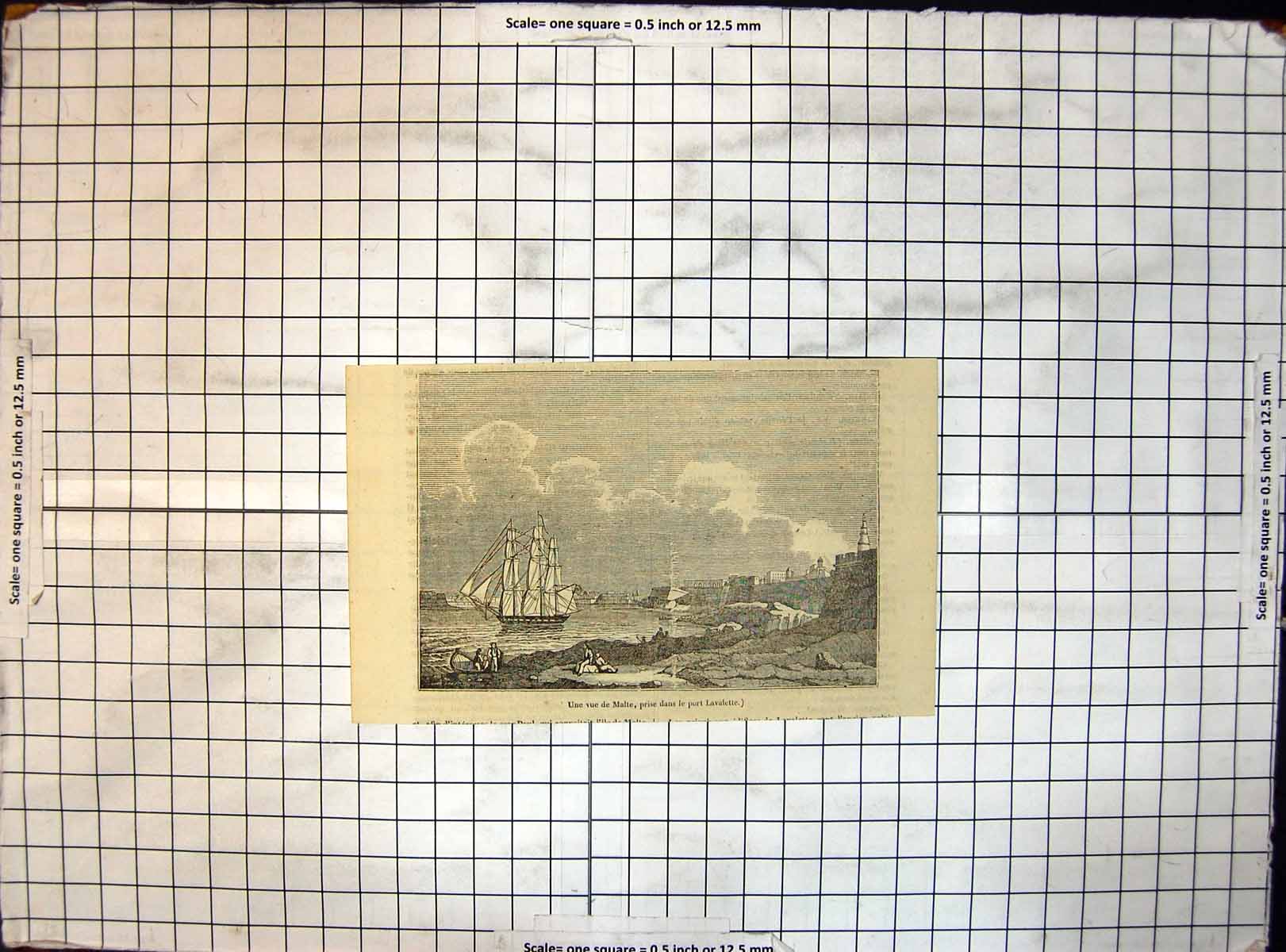 Original Old Antique Print View Malta Taken Port Lavalette Ship Lighthouse