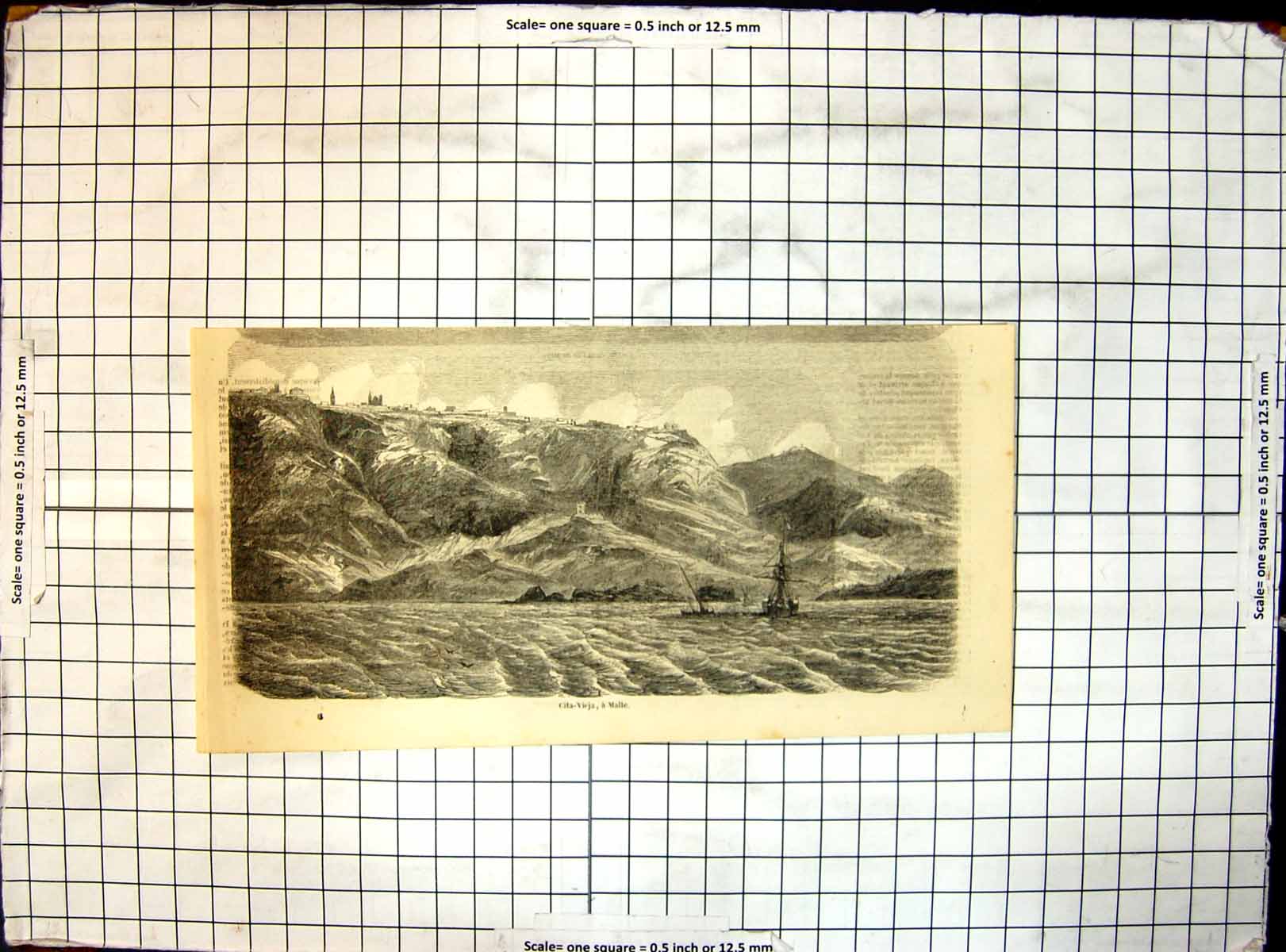 Original Old Antique Print City Vieja Malta View From Sea High Cliffs