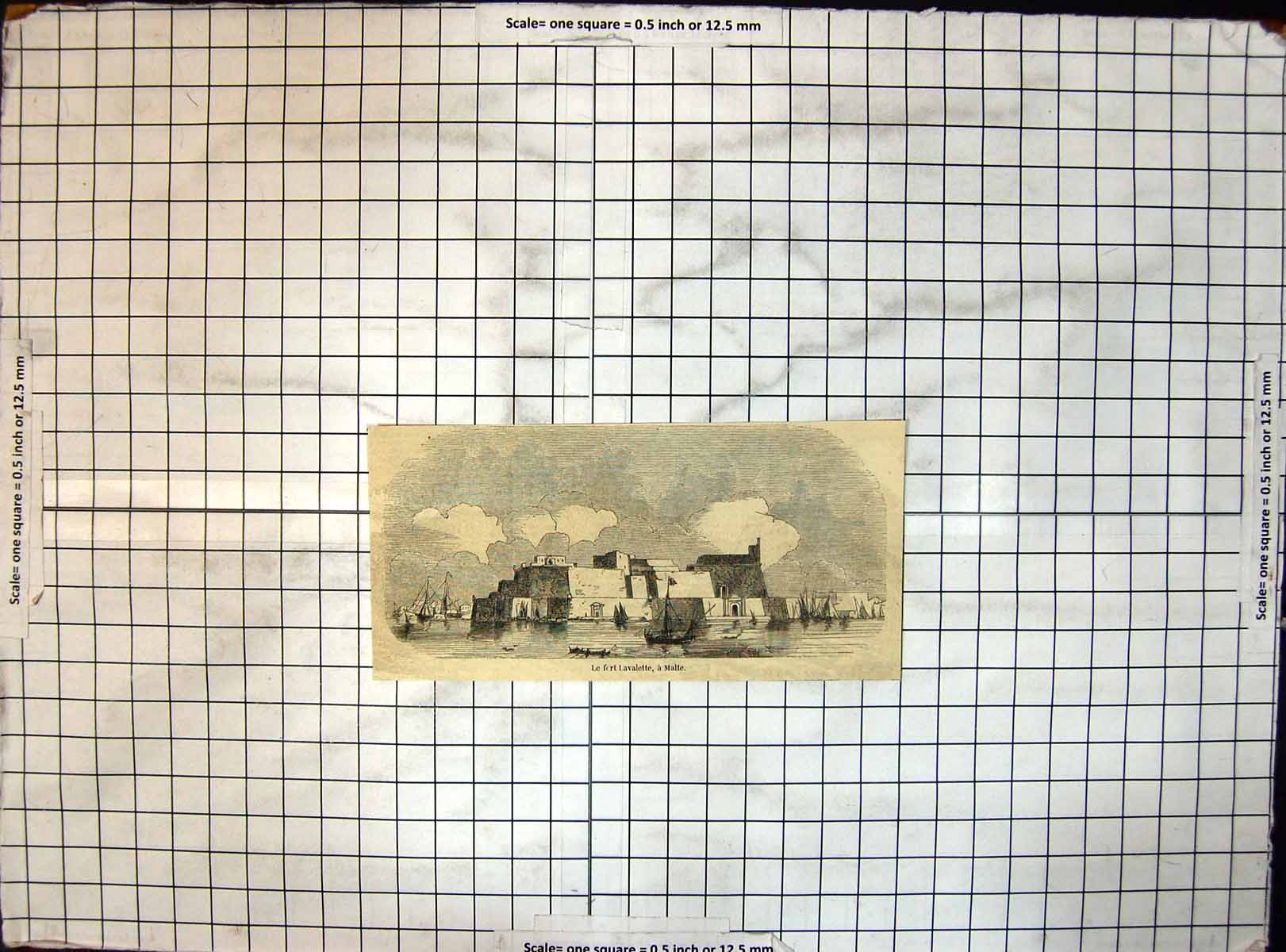 Original Old Antique Print Malta Fort Lavalette Surrounded Ships Bay