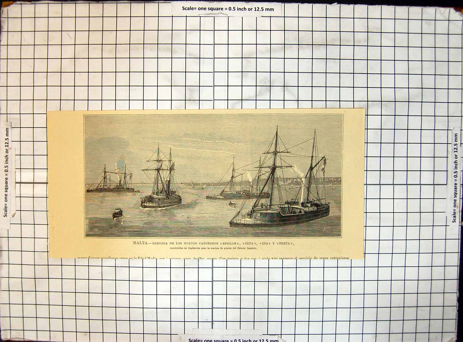 Original Old Antique Print Malta Arrival New Gunboats Epsilon Zeta Eta Theta