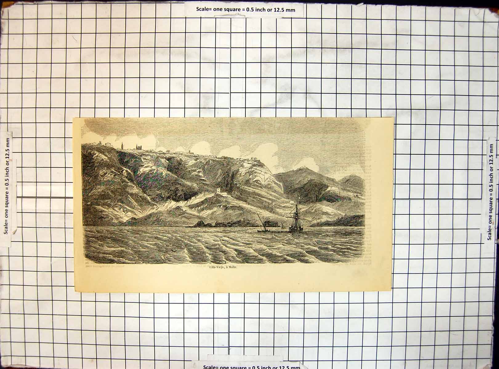 Original Old Antique Print View City Vieja Malta Buildings Top Cliffs Ships Sea