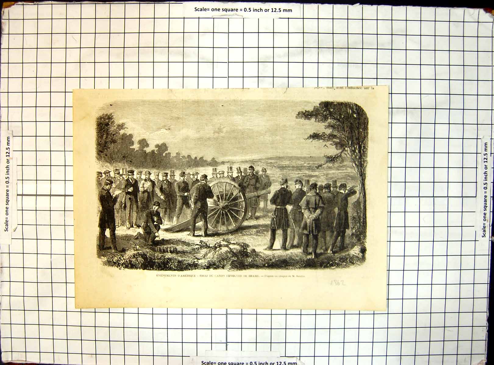 Antique Old Print America Siers Testing Canon Revolver Brame M Saintin 1862