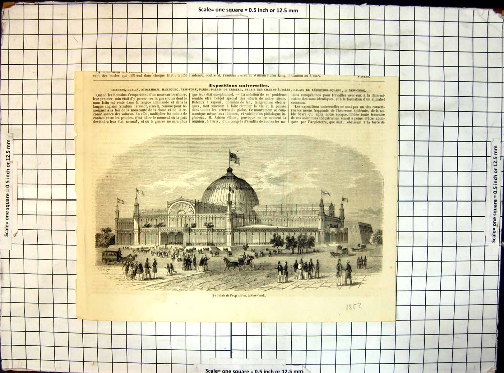 Antique Old Print Exhibition Palace New York Pedestrians Horses Carriage 1852