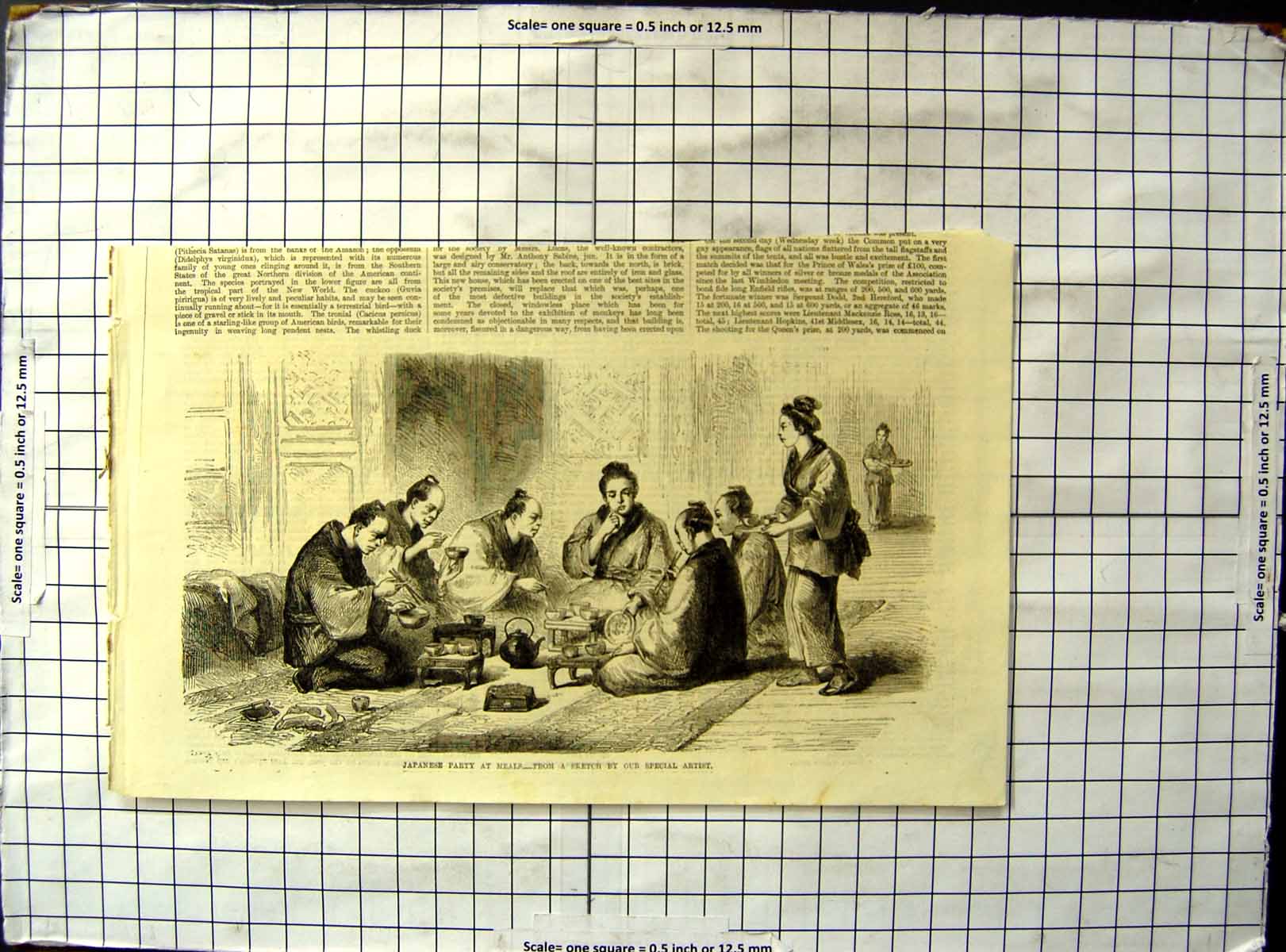 Original Old Antique Print Japanese Party At Meals Kneeling Eating Chopsticks