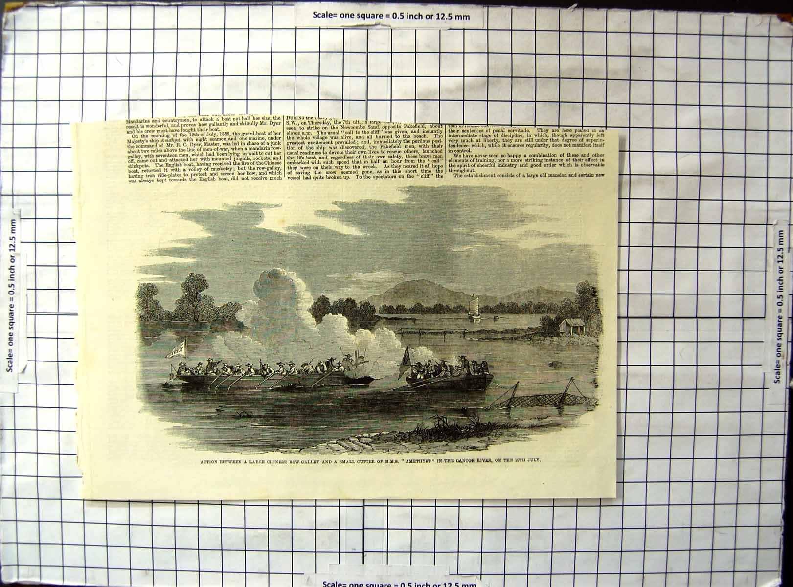 Old Action Chinese Row Galley Small Cutter Hms Amethyst Canton River
