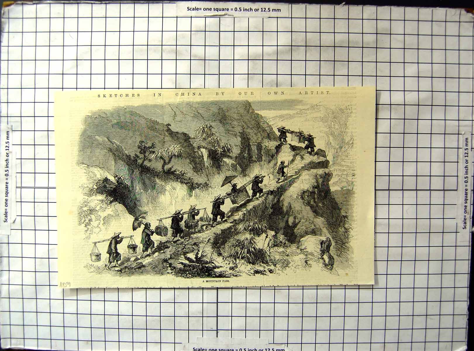 Old Print Mountain Pass China Carrying People Sedan Chairs Baskets Goods