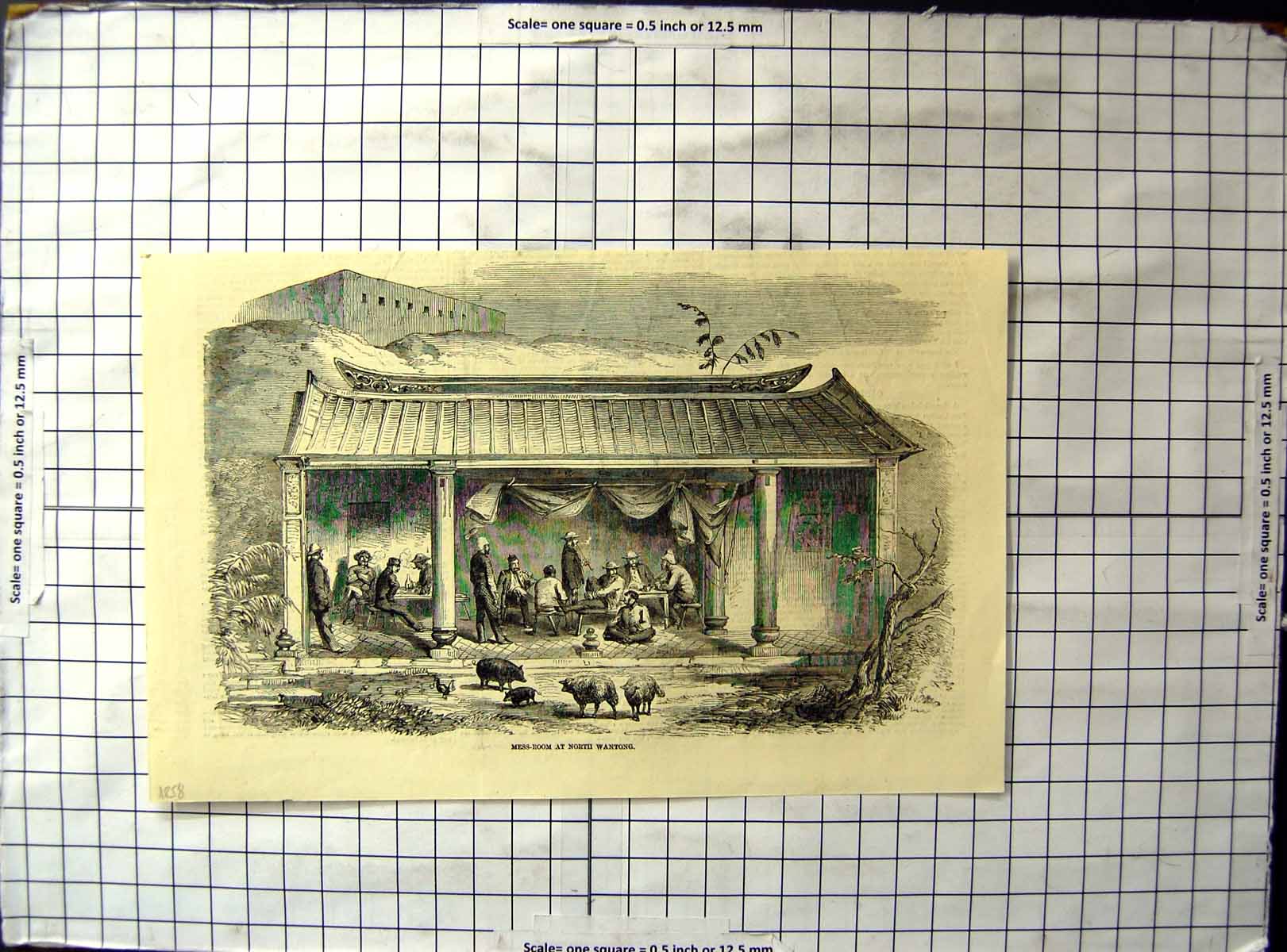 Original Old Antique Print Mess Room North Wantong Relaxing Smoking Drinking