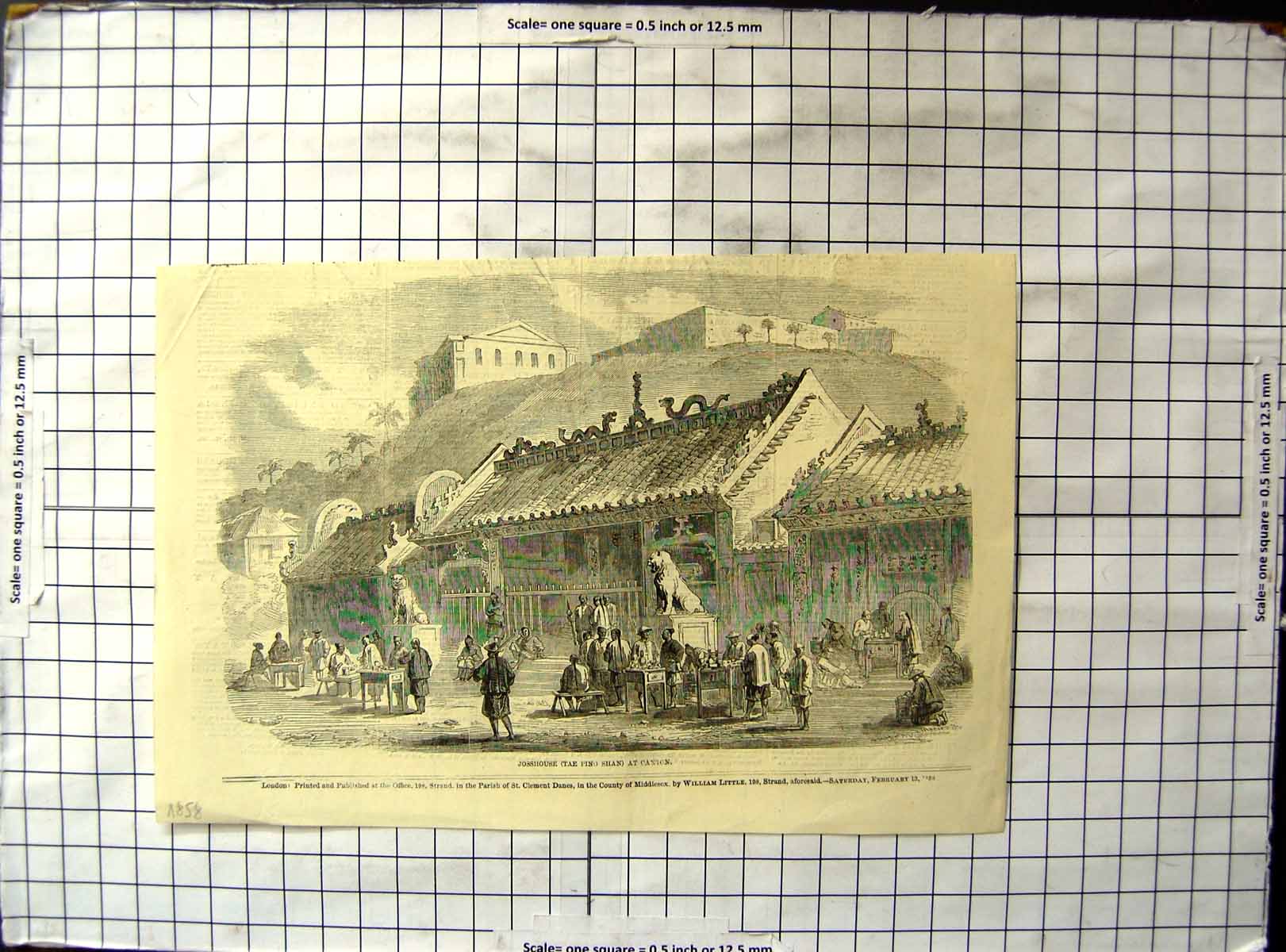 Antique Old Print Josshouse Tae Ping Shan Canton Chinese Temple Goods Tables
