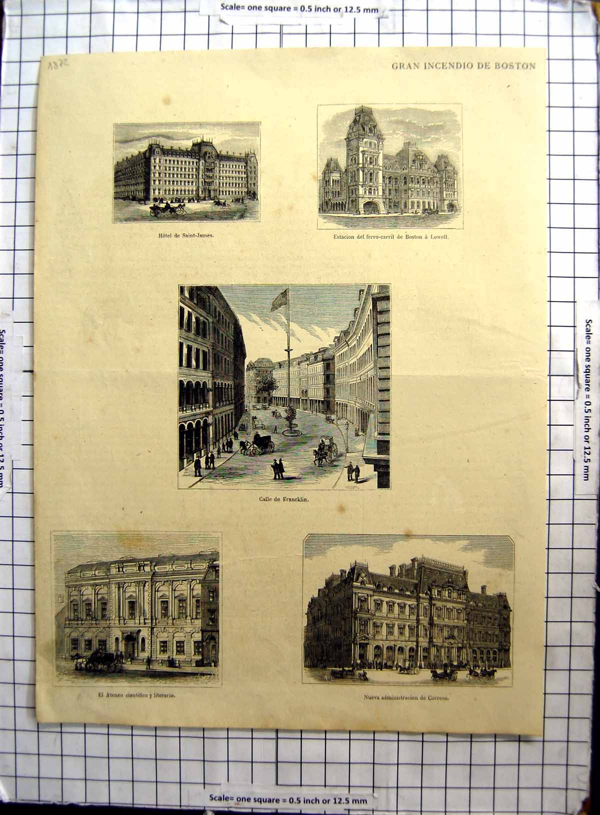 Antique Old Print Boston Hotel St James Railway Station Lowell Francklin 1872