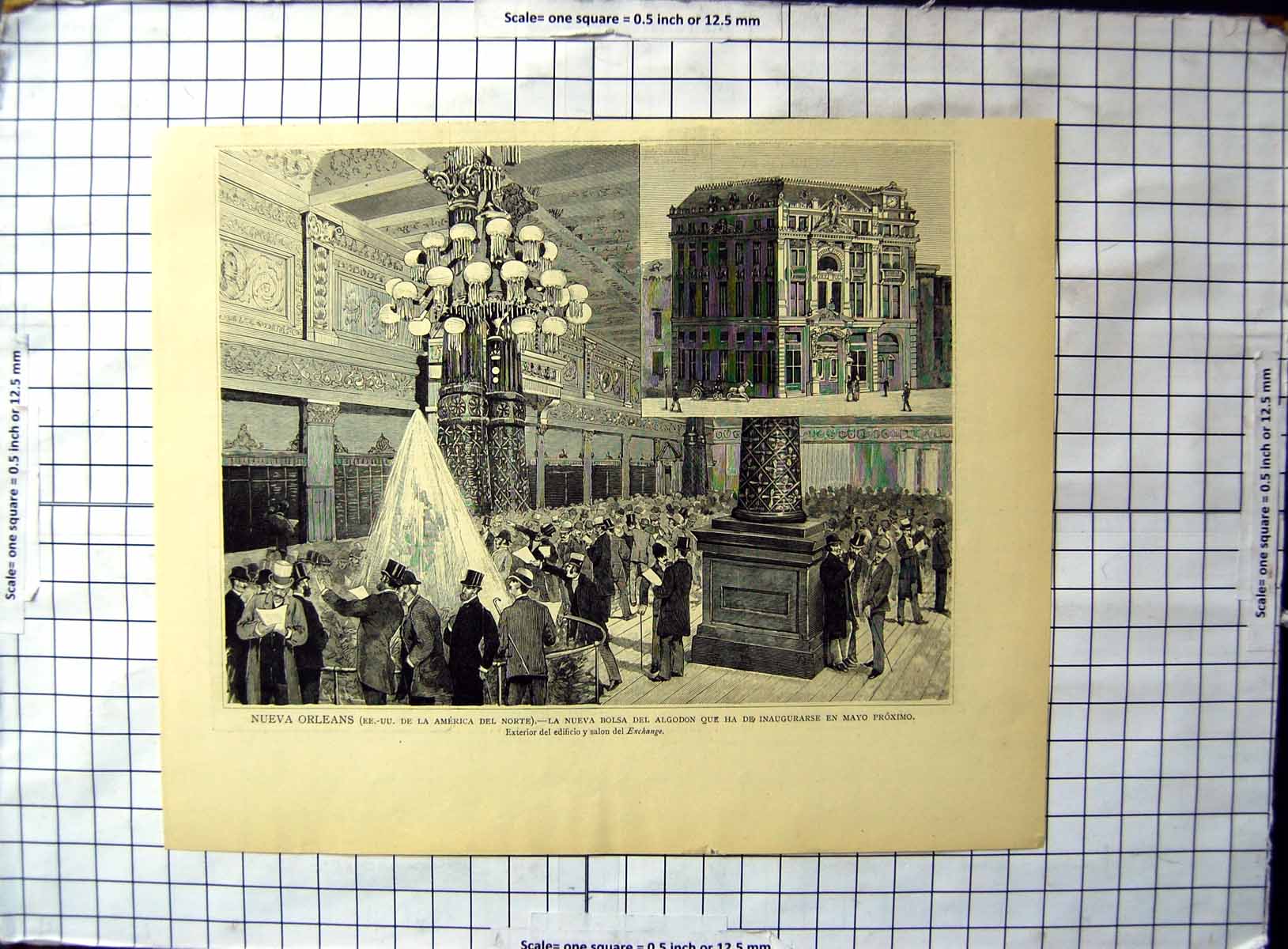 Antique Old Print New Orleans North America Opening Fountain Salon Exchange