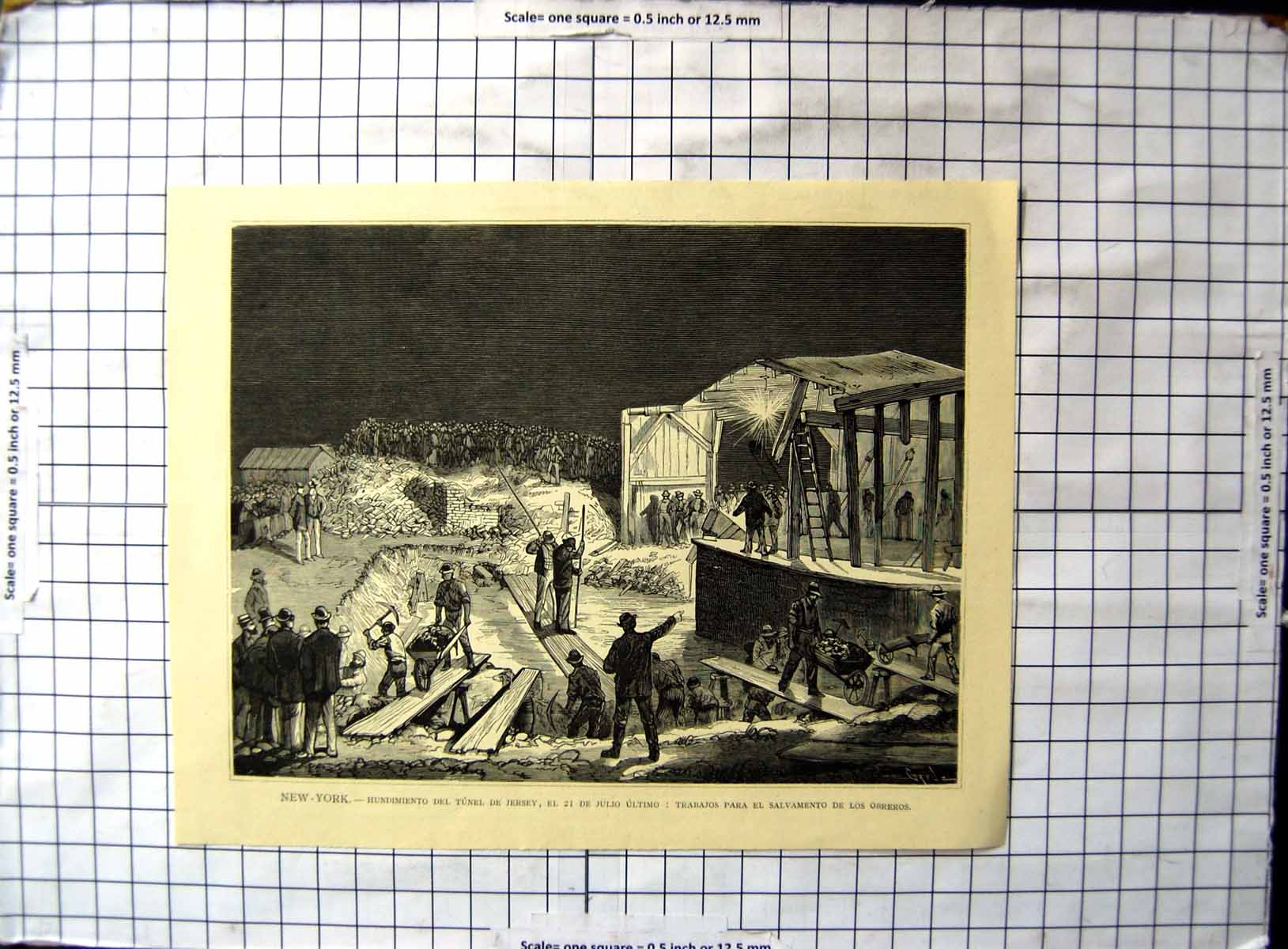 Old Antique Print New York Collapse Tunnel Jersey Rescue Work Carried Out