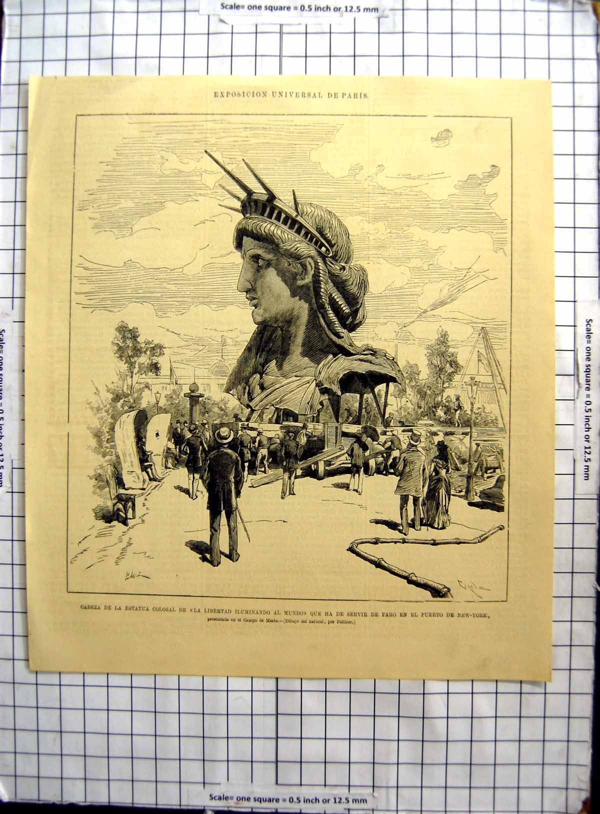 Original Old Antique Print Head Statue Liberty Workmen For Erection New York