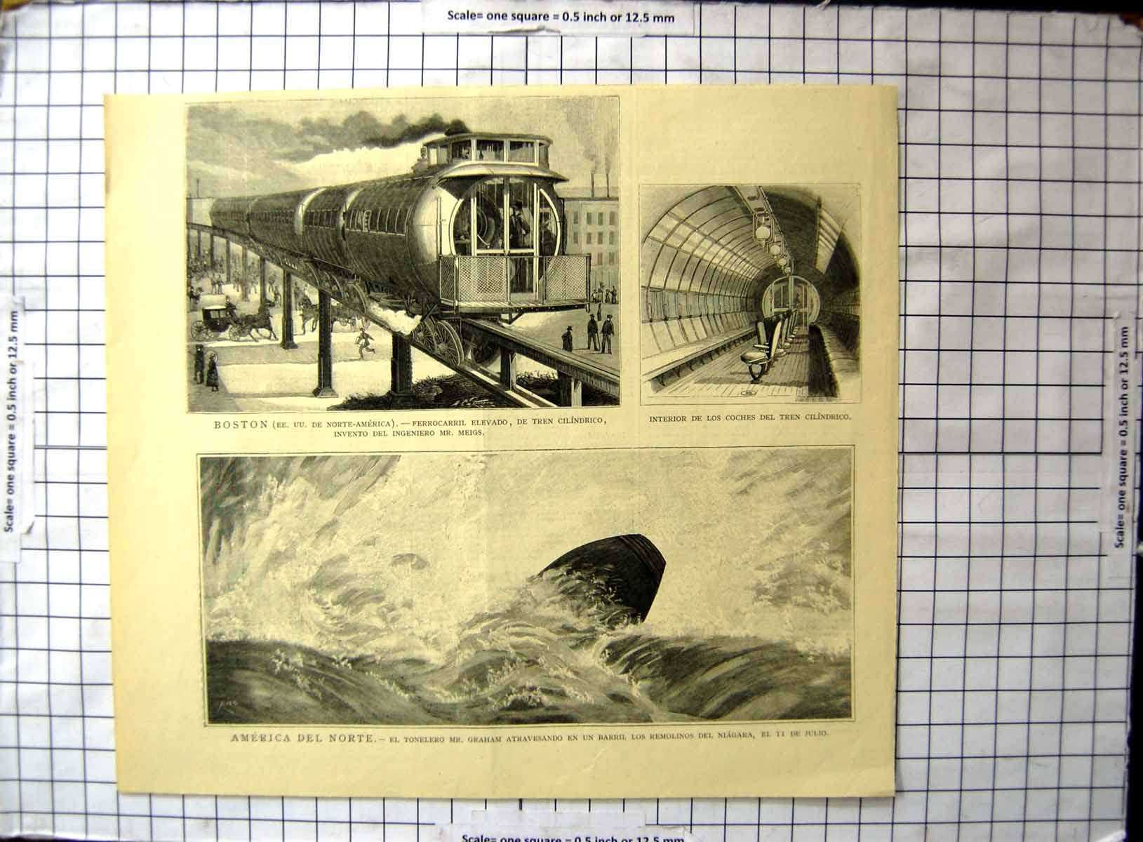 Antique Old Print Boston Elevated Railway Cylinder Train Coach Barrel Niagara