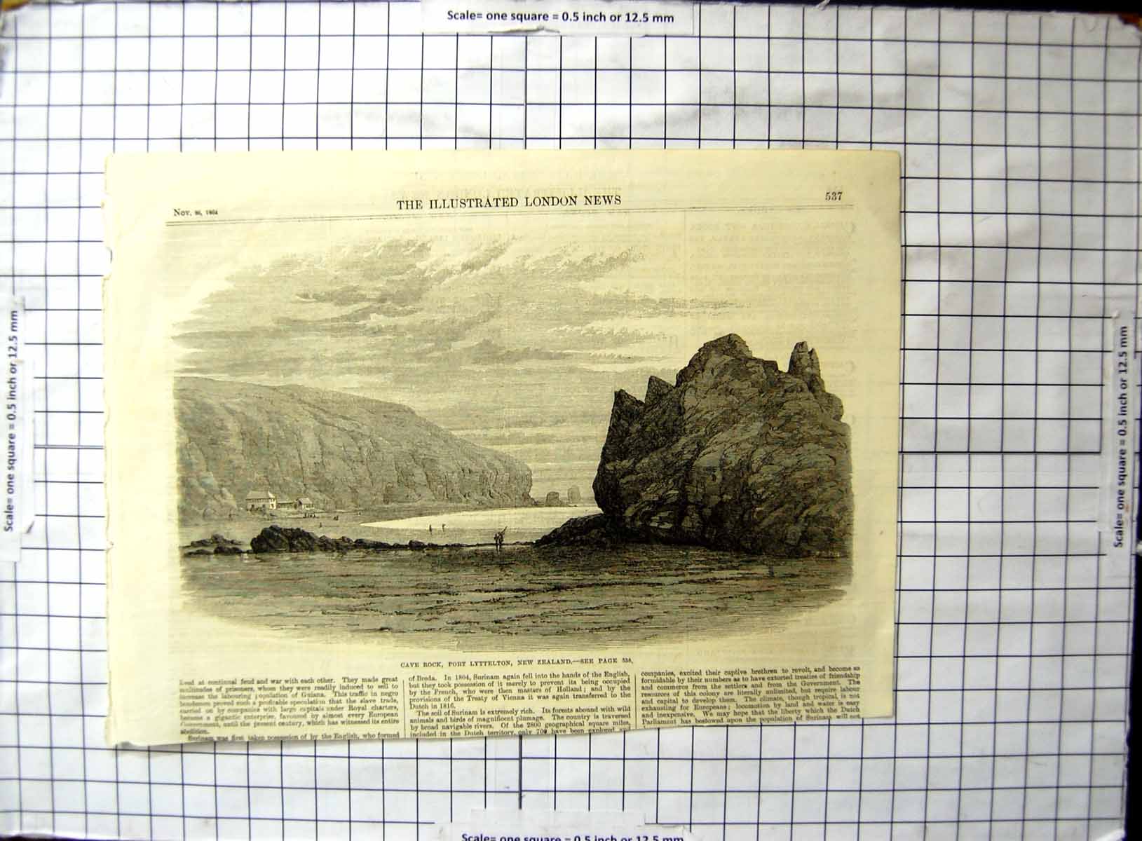 Original Old Antique Print Cave Rock Port Lyttelton New Zealand 1864 Victorian