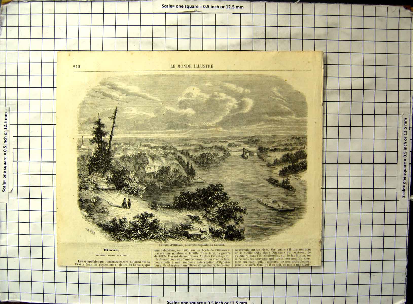Original Old Antique Print Town Ottawa New Capital Canada Bridge River