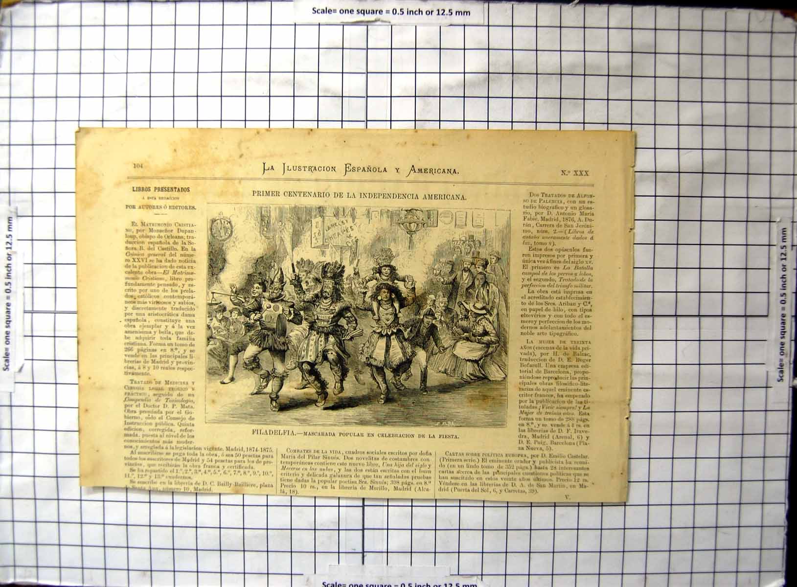 Original Old Antique Print Philadelphia Popular Masquerade Celebration Fiesta