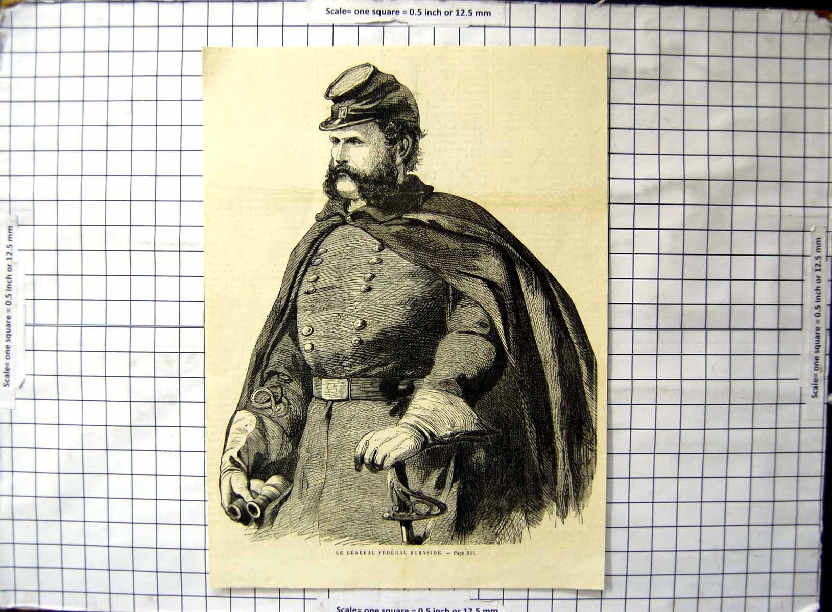Original Old Antique Print Federal General Burnside Uniform Binoculars