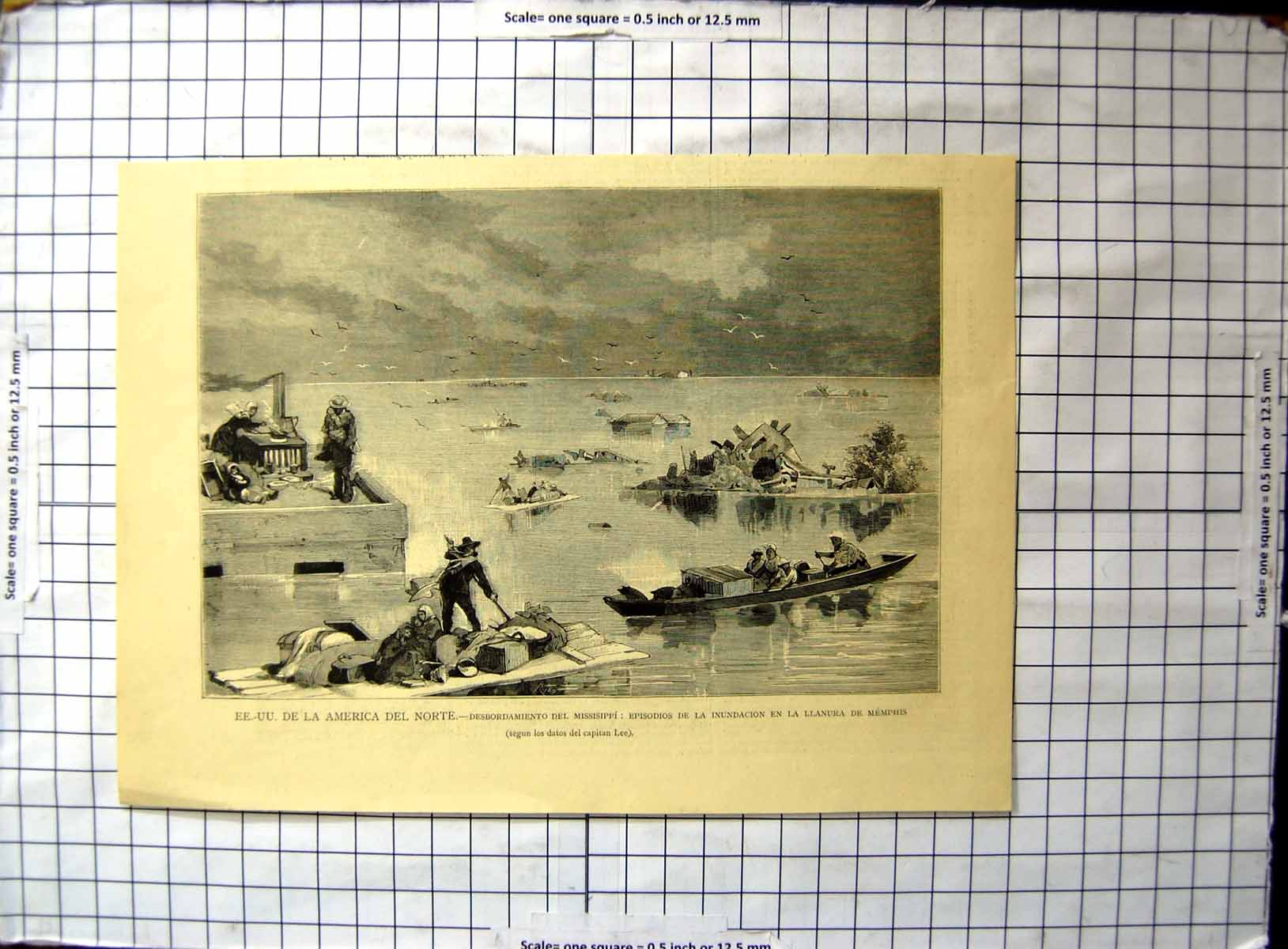 Old Print North America Mississippi Burst Banks Flooding Llanura Memphis