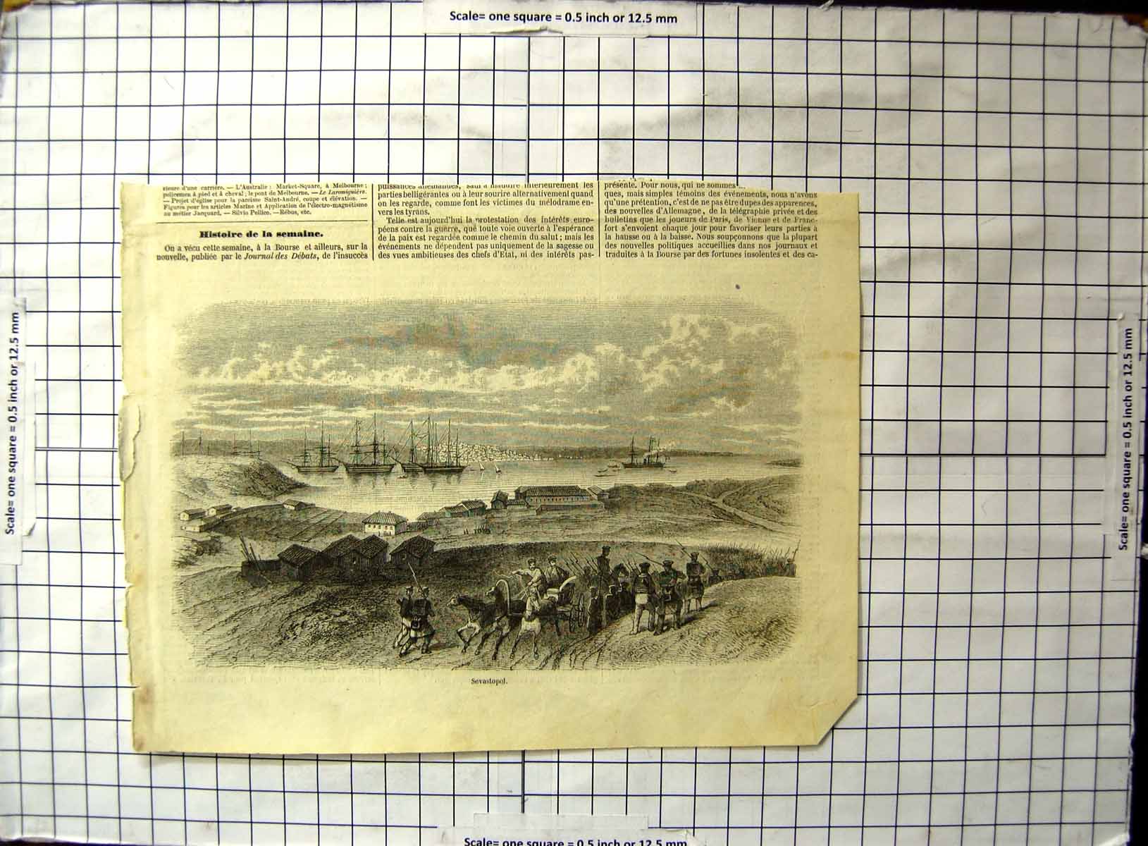 Antique Old Print View Sebastopol Troops Buildings Ships Bay Town Distance