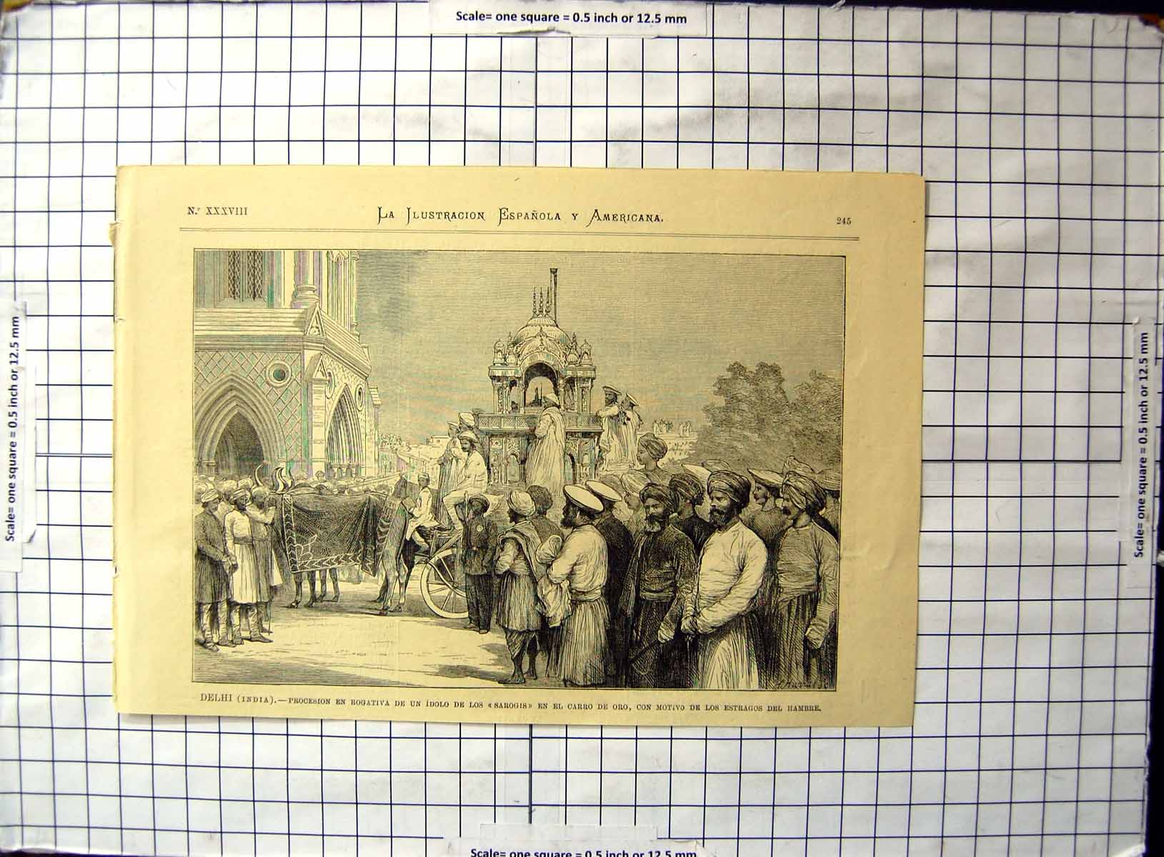 Antique Old Print Delhi India Procession Rogativa Sarogis GCarriage Hungry