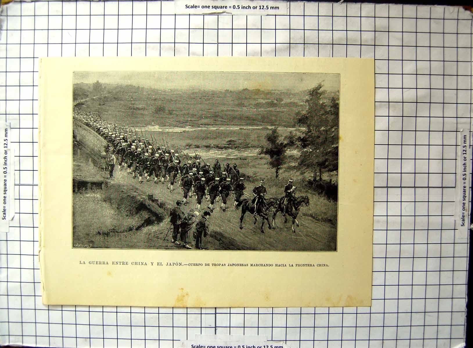 Old Print War Between China Japan Japanese Troops March Chinese Frontier