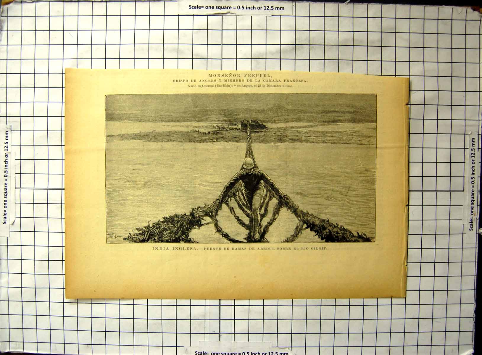 Original Old Antique Print India England Bridge Branches Abedul Rio Gilgit
