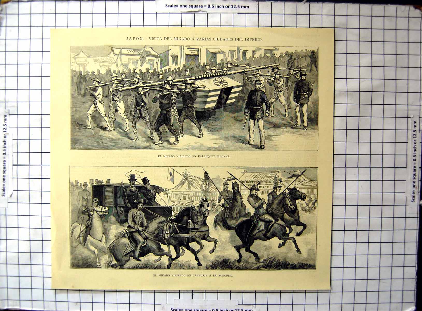 Original Old Antique Print Mikado Viajando Sedan Chair Japan Carriage Europe