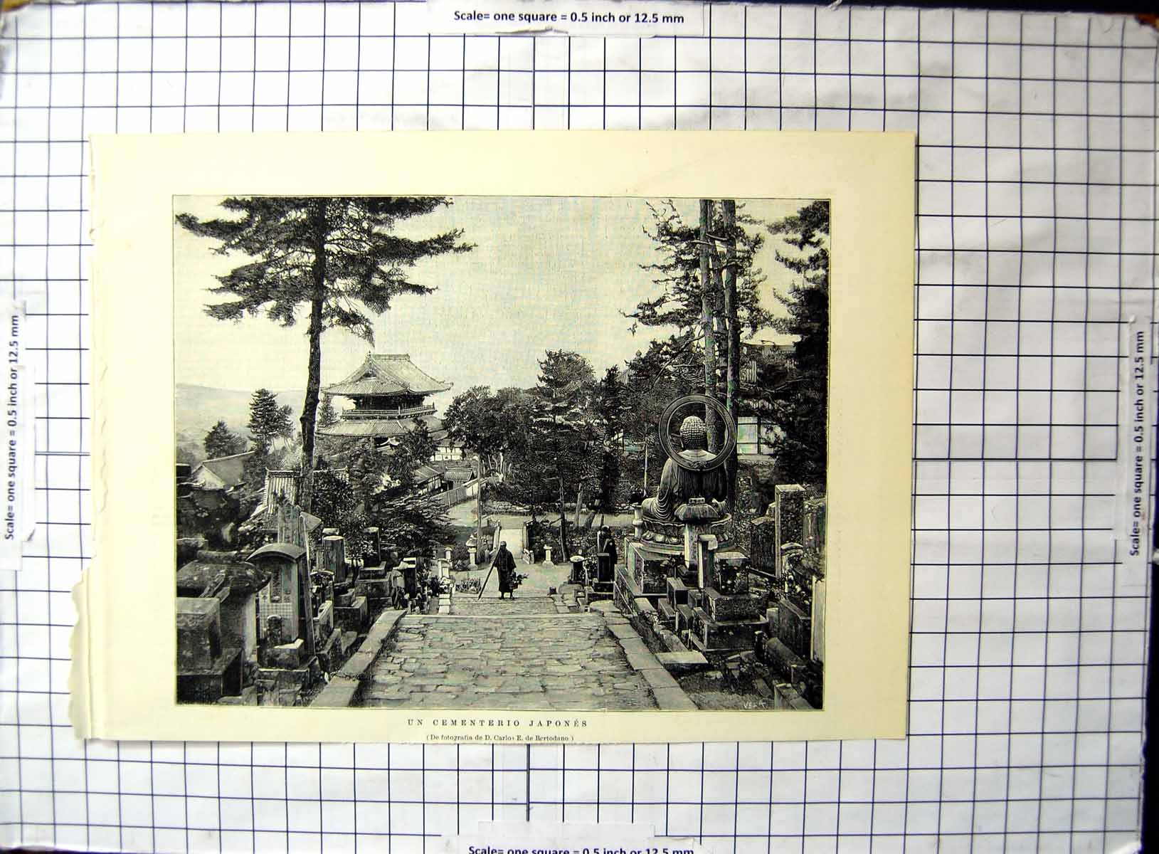 Original Old Antique Print Japanese Cemetery Steps Gravestones Flowers