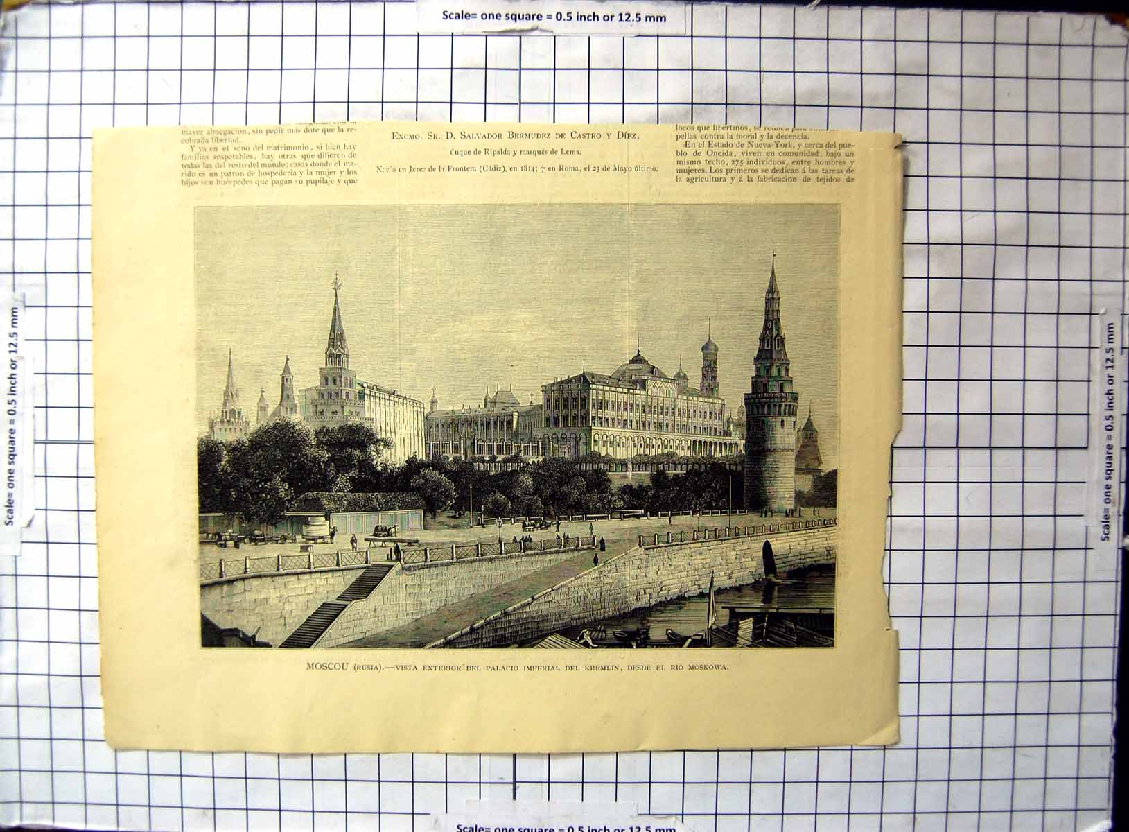 Original Old Antique Print Moscow Russia Exterior View Imperial Palace Kremlin