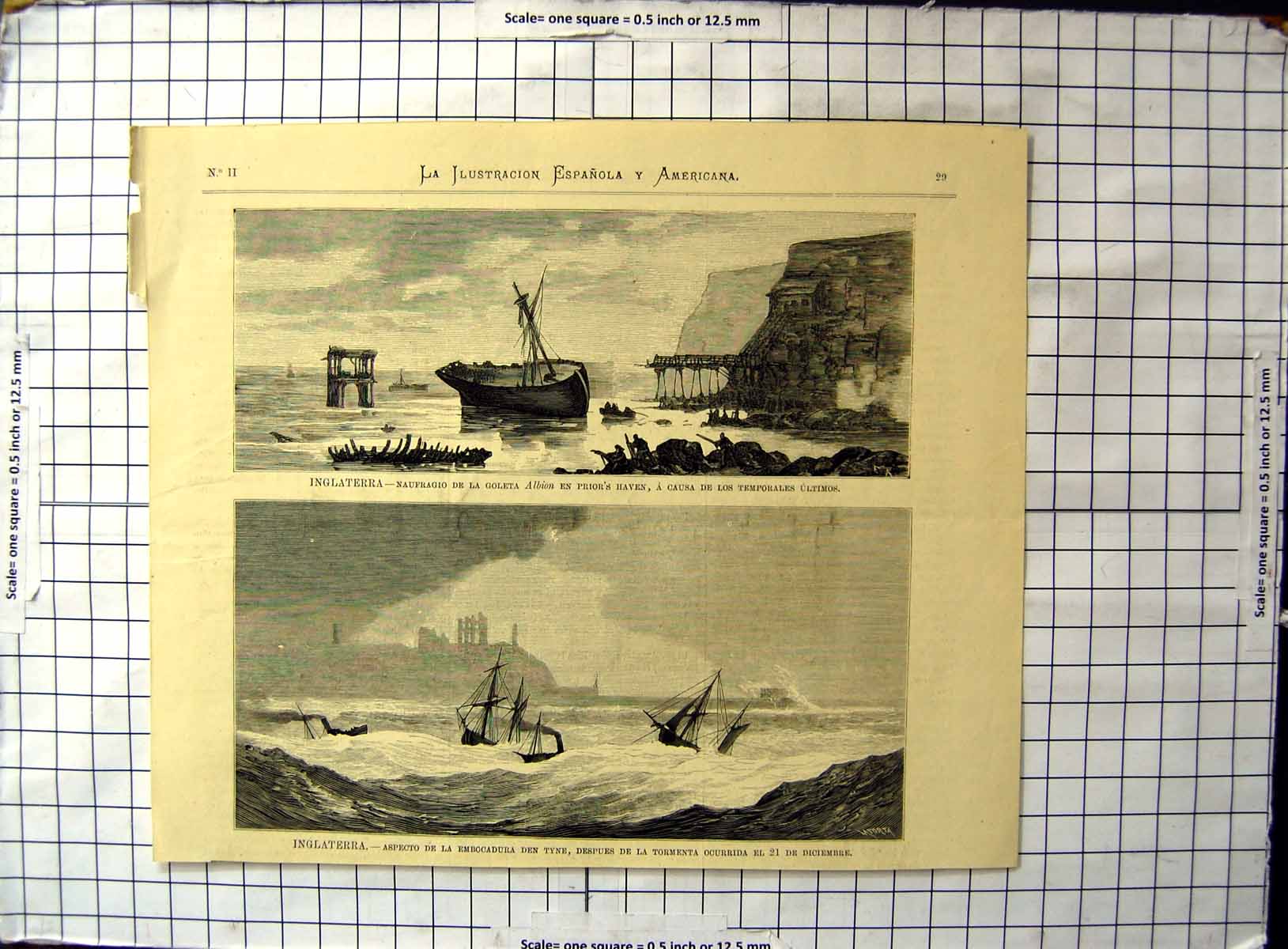 Old Print England Ship Albion Wrecked Priors Haven Mouth Tyne Storm Ships