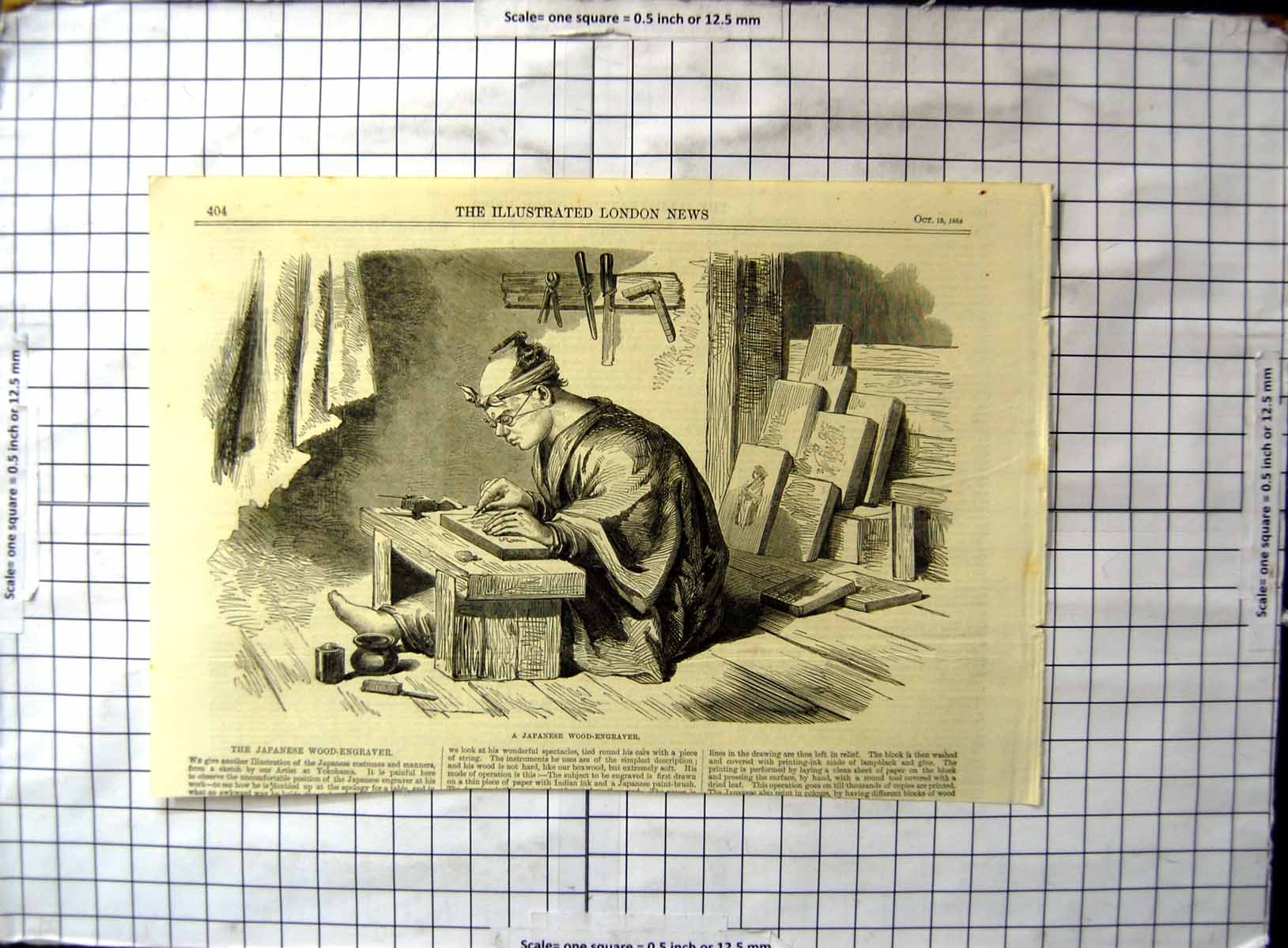 Original Old Antique Print Japanese Wood Engraver Working Table Tools 1864 19th