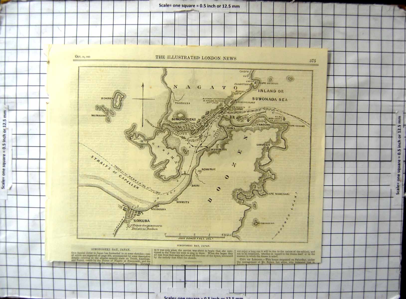 Antique Old Print Map Simonoseki Bay Japan Suwonada Sea Straits Capellen 1863
