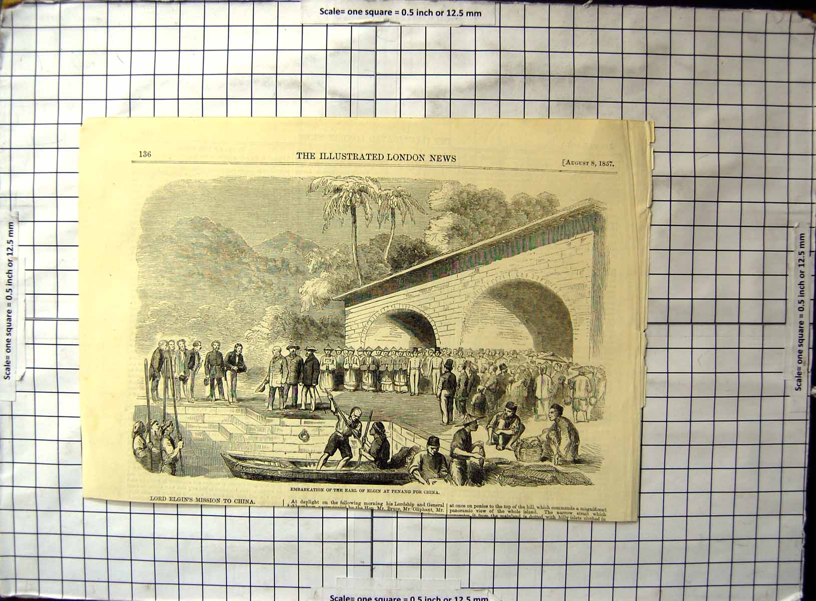 Antique Old Print Embarkation Earl Elgin Penang For China Rowing Boat 1857 19th