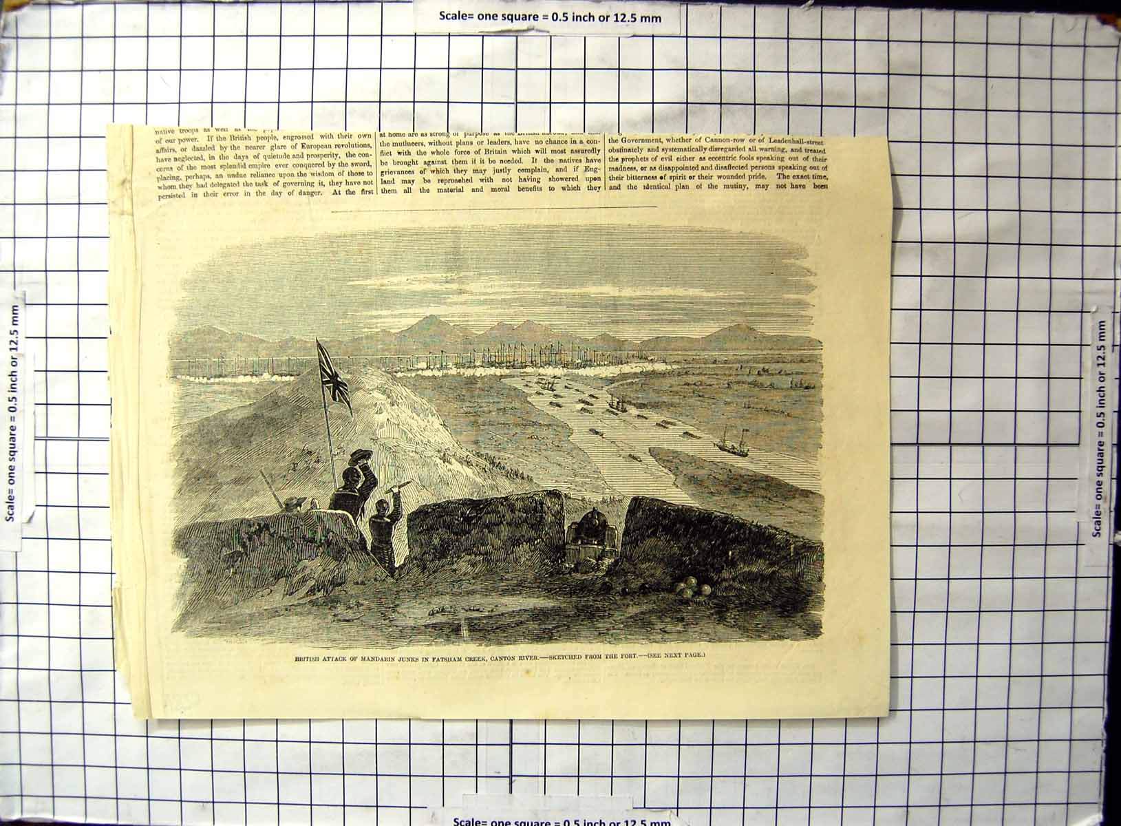 Antique Old Print British Attack Mandarin Junks Fatsham Creek Canton River
