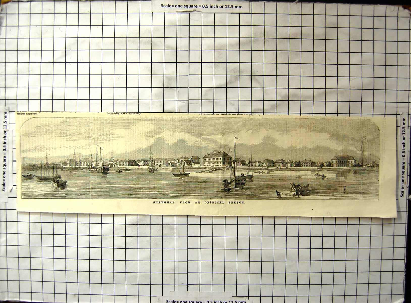 Original Old Antique Print Shanghi Buildings Waters Edge Ships Sea