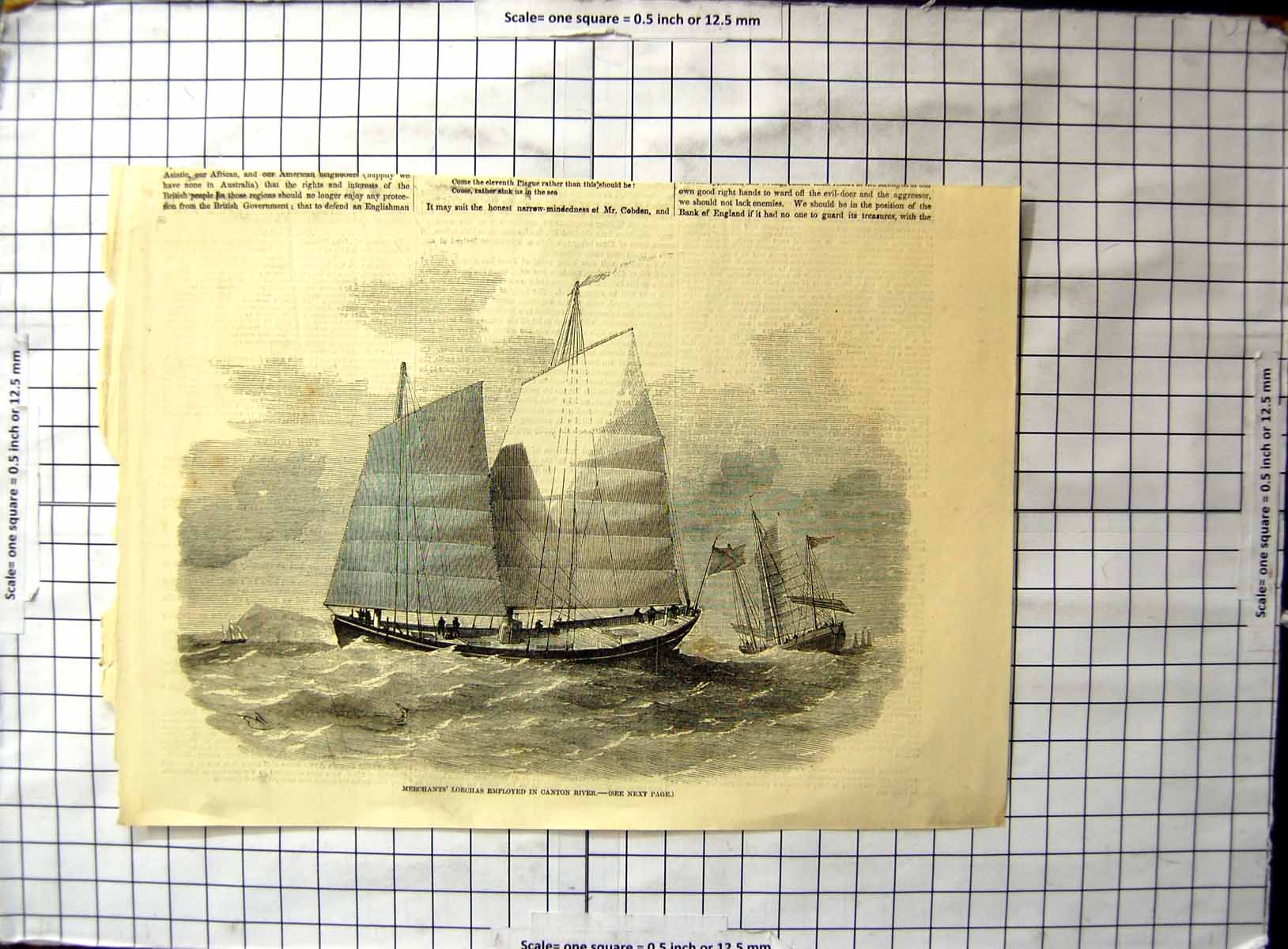 Old Antique Print Merchants Lorchas Employed Canton River Two Ships Sails