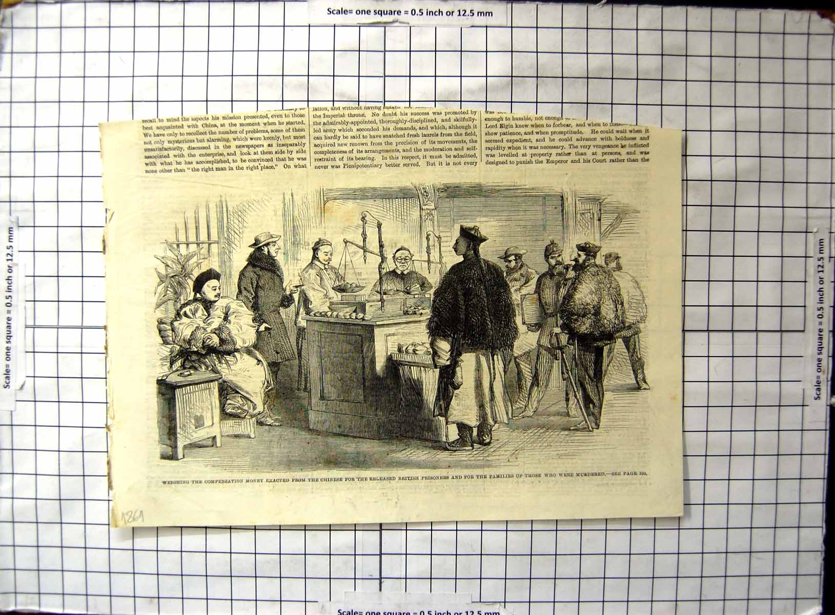 Antique Old Print Weighing Compensation Money China Release Murder British