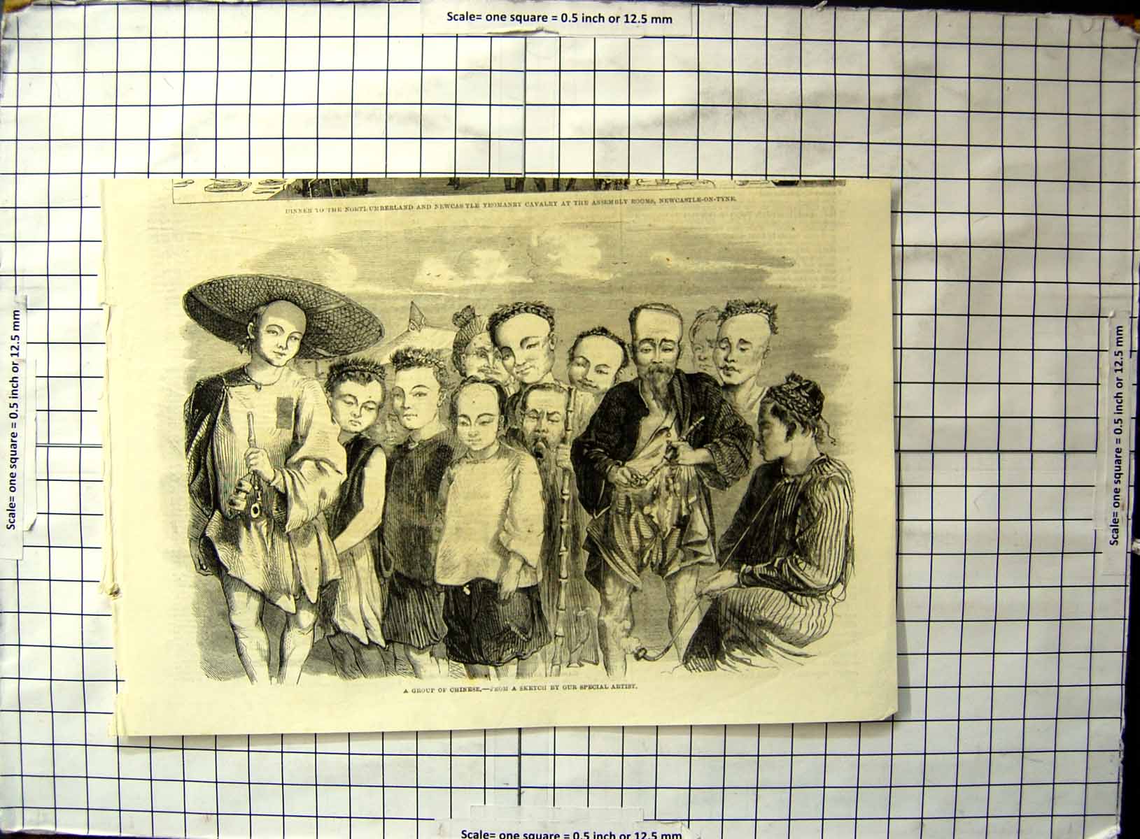 Original Old Antique Print Group Chinese Smoking Long Pipes Men Boys