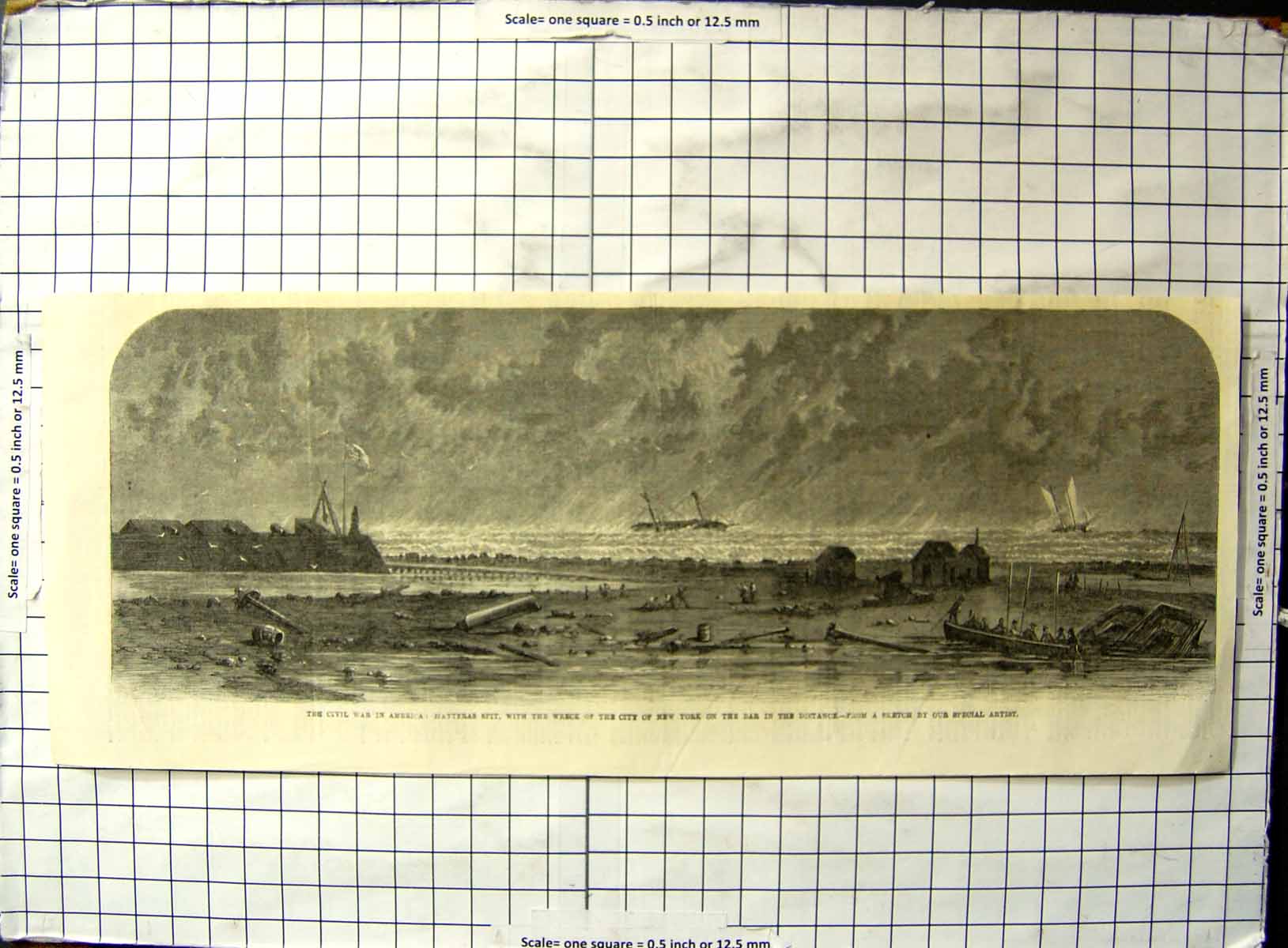 Antique Old Print War America Hatteras Spit Wreck City New York Bar Distance