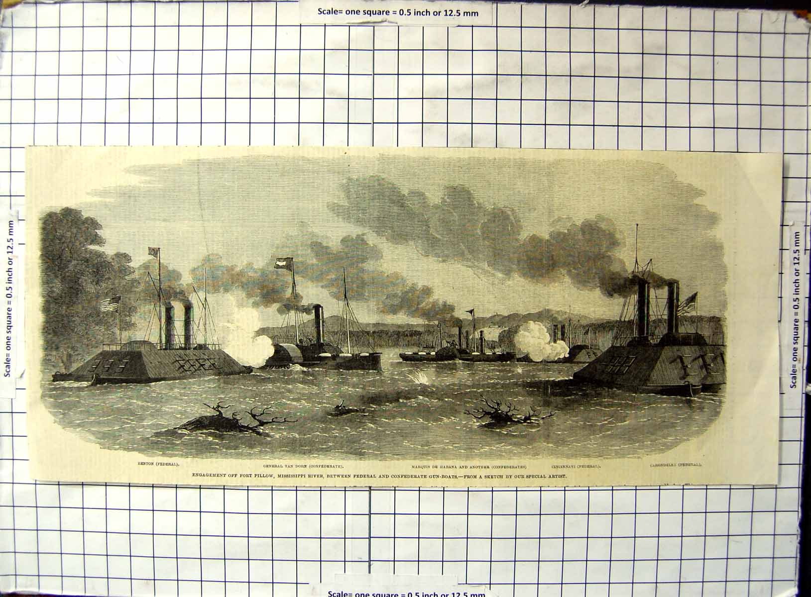 Old Print Engagement Fort Pillow Mississippi Federal Civil War Gun Boats