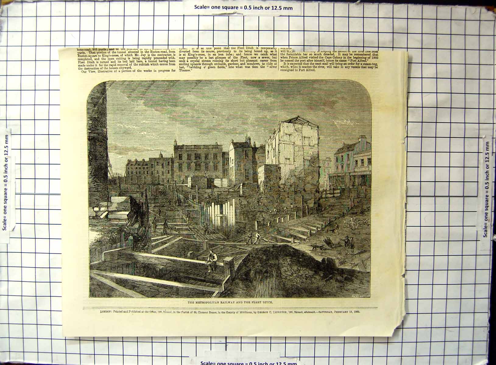 Original Old Antique Print Metropolitan Railway Fleet Ditch London