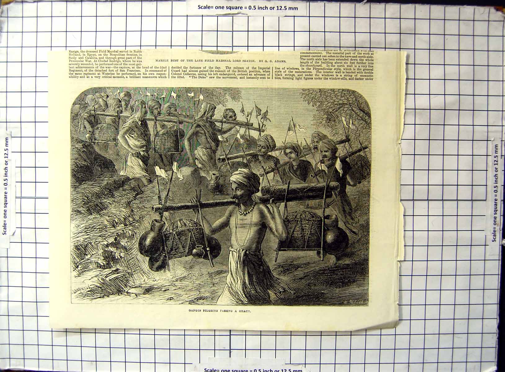 Antique Old Print Ganges Pilgrims Passing Ghaut Carrying Baskets Jugs Poles
