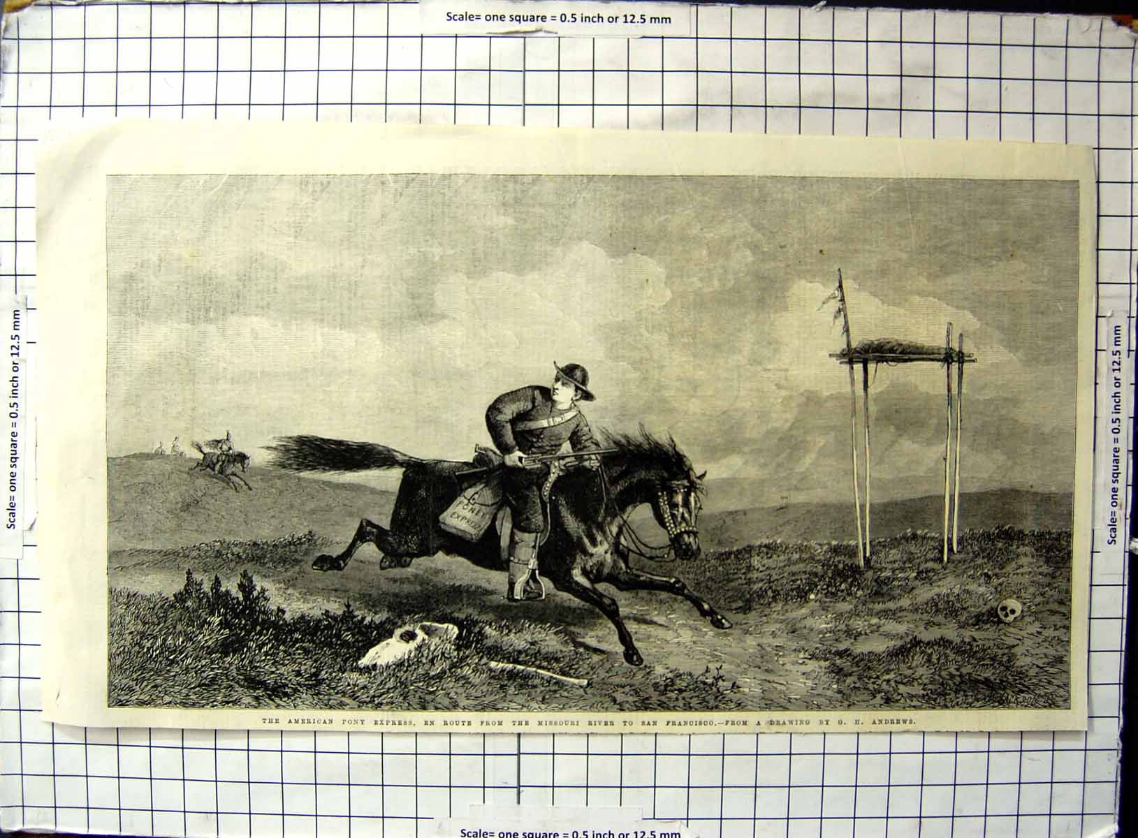 Antique Old Print American Pony Express En Route Missouri River San Francisco