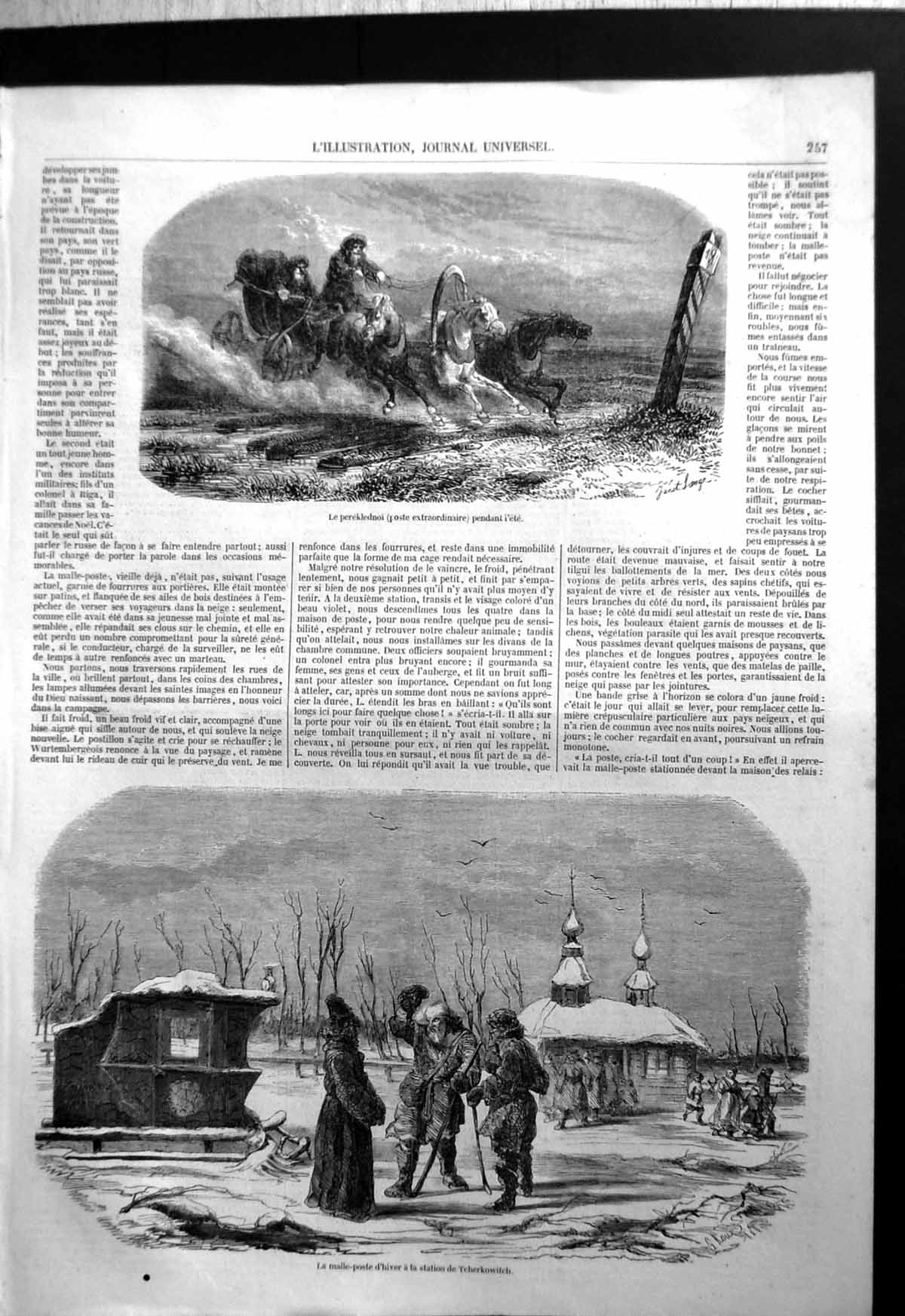 Antique Print Le Pereklednoi Special Post Summer Trunk Mail Winter Snow Ice