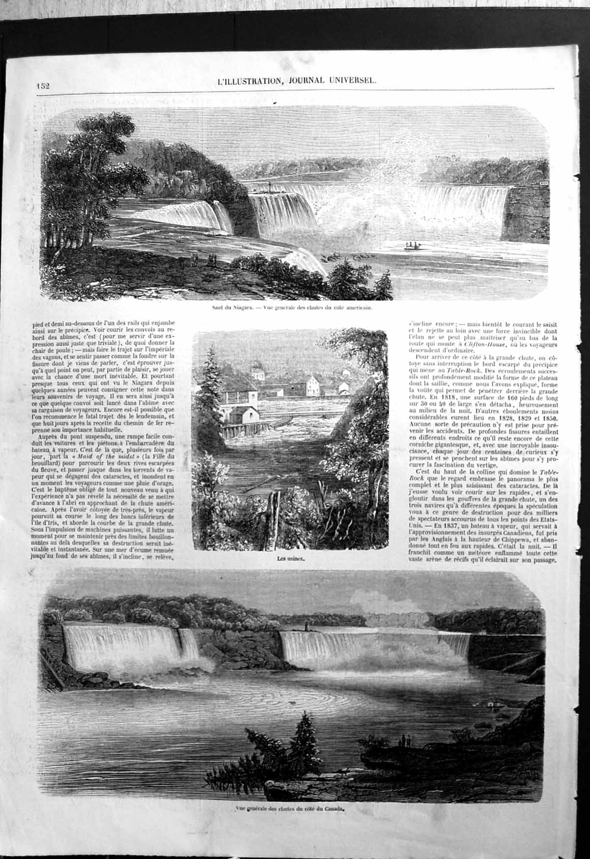 Old Print Niagara Falls Les Usine Factories View Waterfalls Canada Boats
