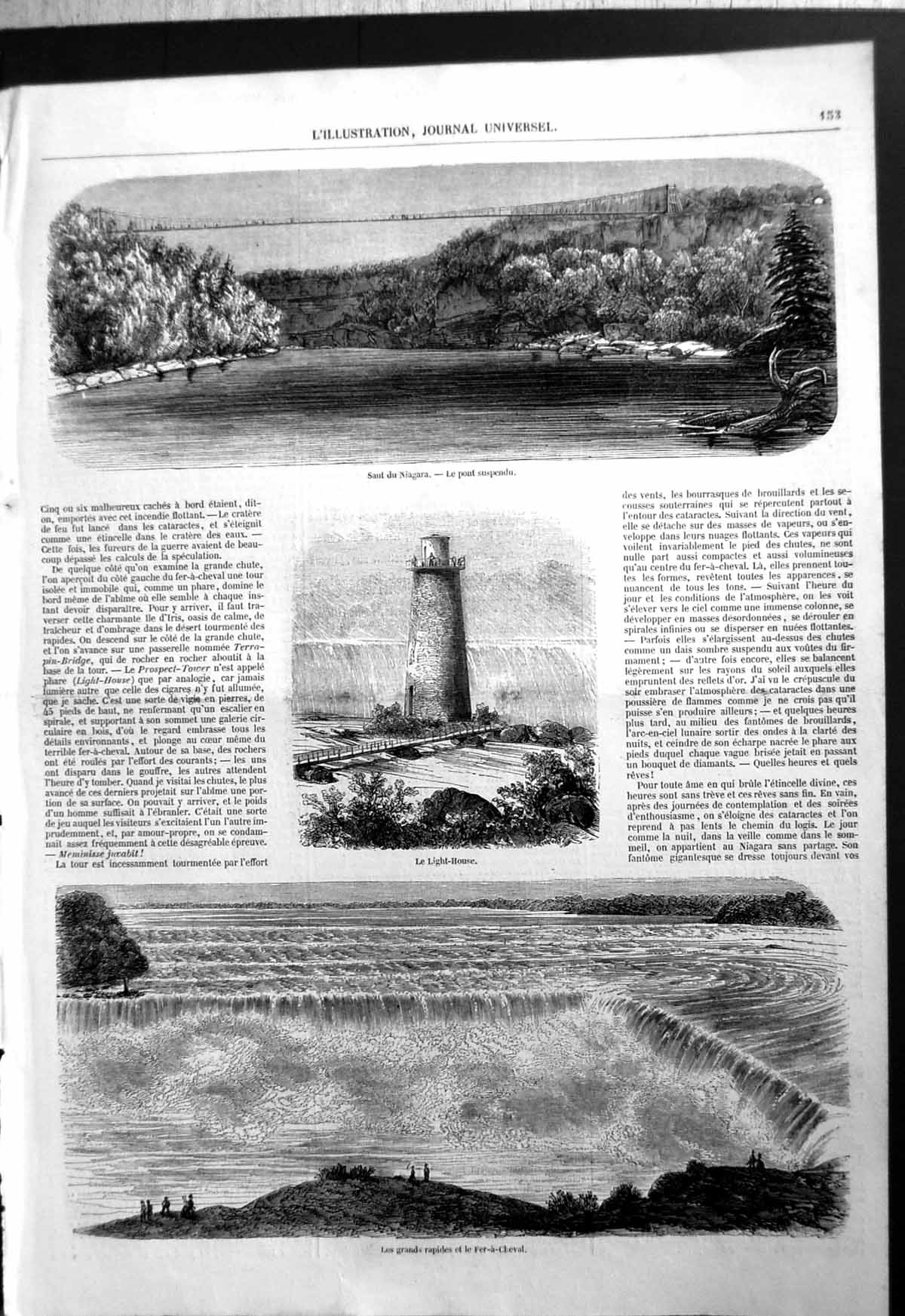 Old Print Suspended Bridge Pont Suspendu Niagara Light House Fer-A-Cheval