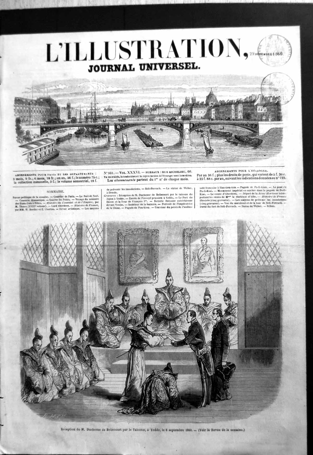Antique Old Print Reception M Duchesne De Bellecourt Taicoun Yeddo Robes 1860