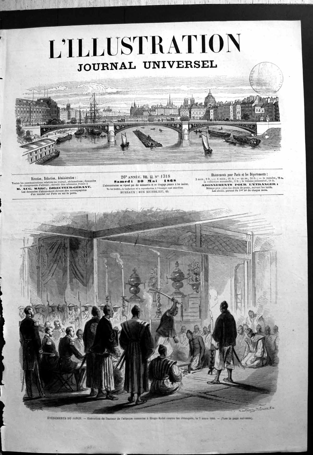 Old Print Execution Man Responsible Hiogo-Kobe Contre Les Etrangers 1868 19th